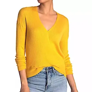 Faux Wrap Ribbed V Neck Knit Surplice Sweater In Yellow