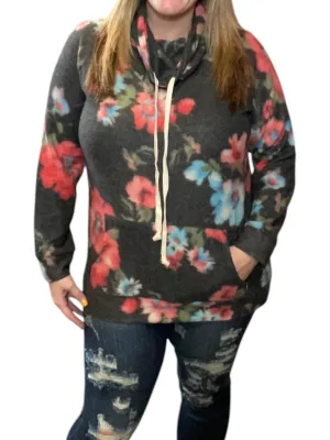 Floral Cowlneck Sweater In Coral/black