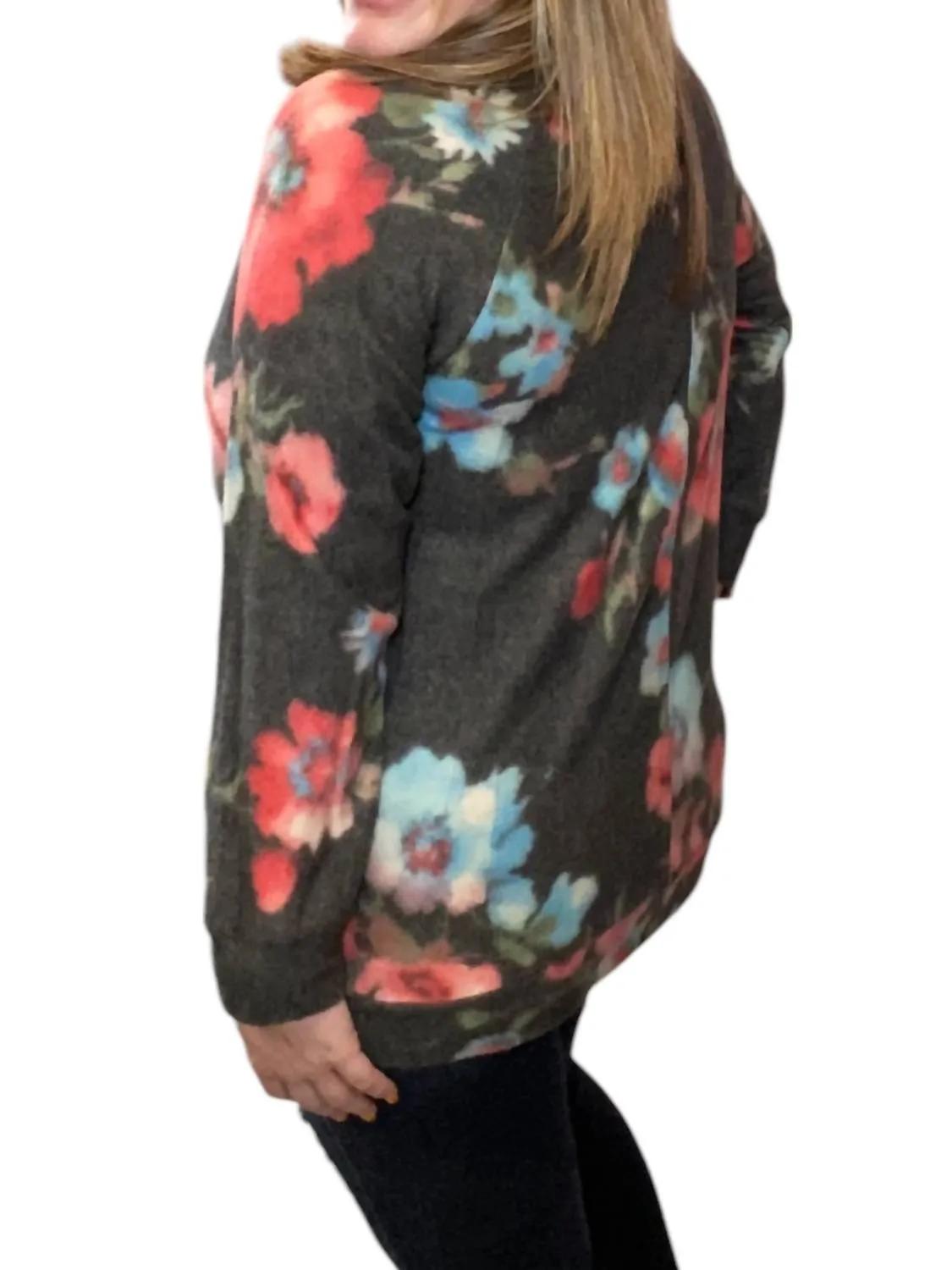 Floral Cowlneck Sweater In Coral/black