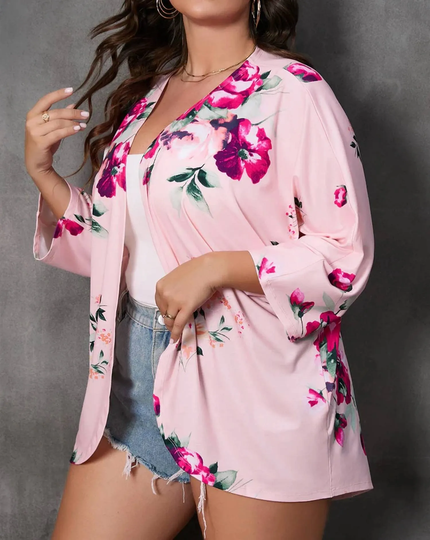 Floral Long Sleeve Kimono In Pink