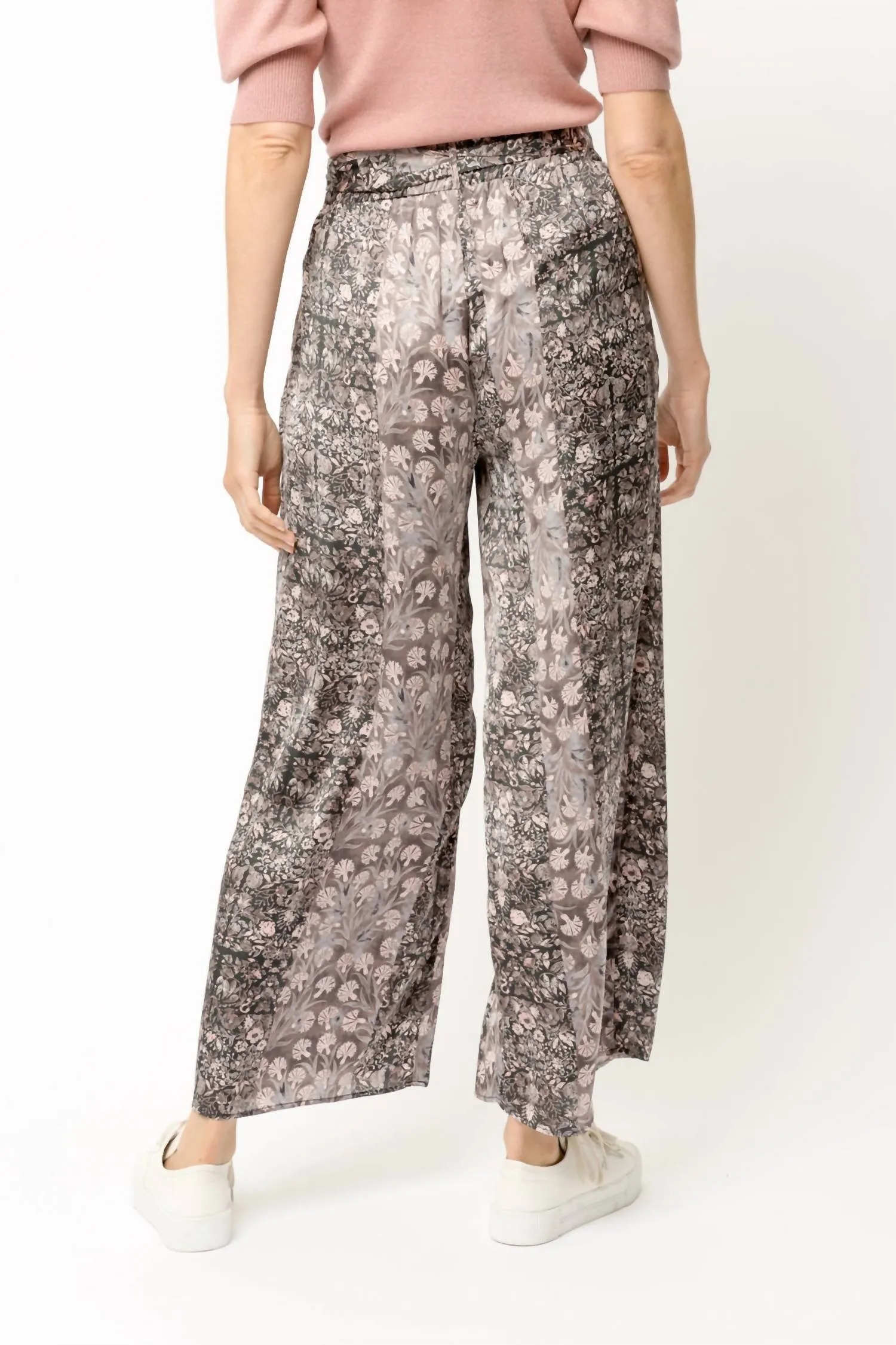 Floral Print Satin Wide Leg Pants In Charcoal
