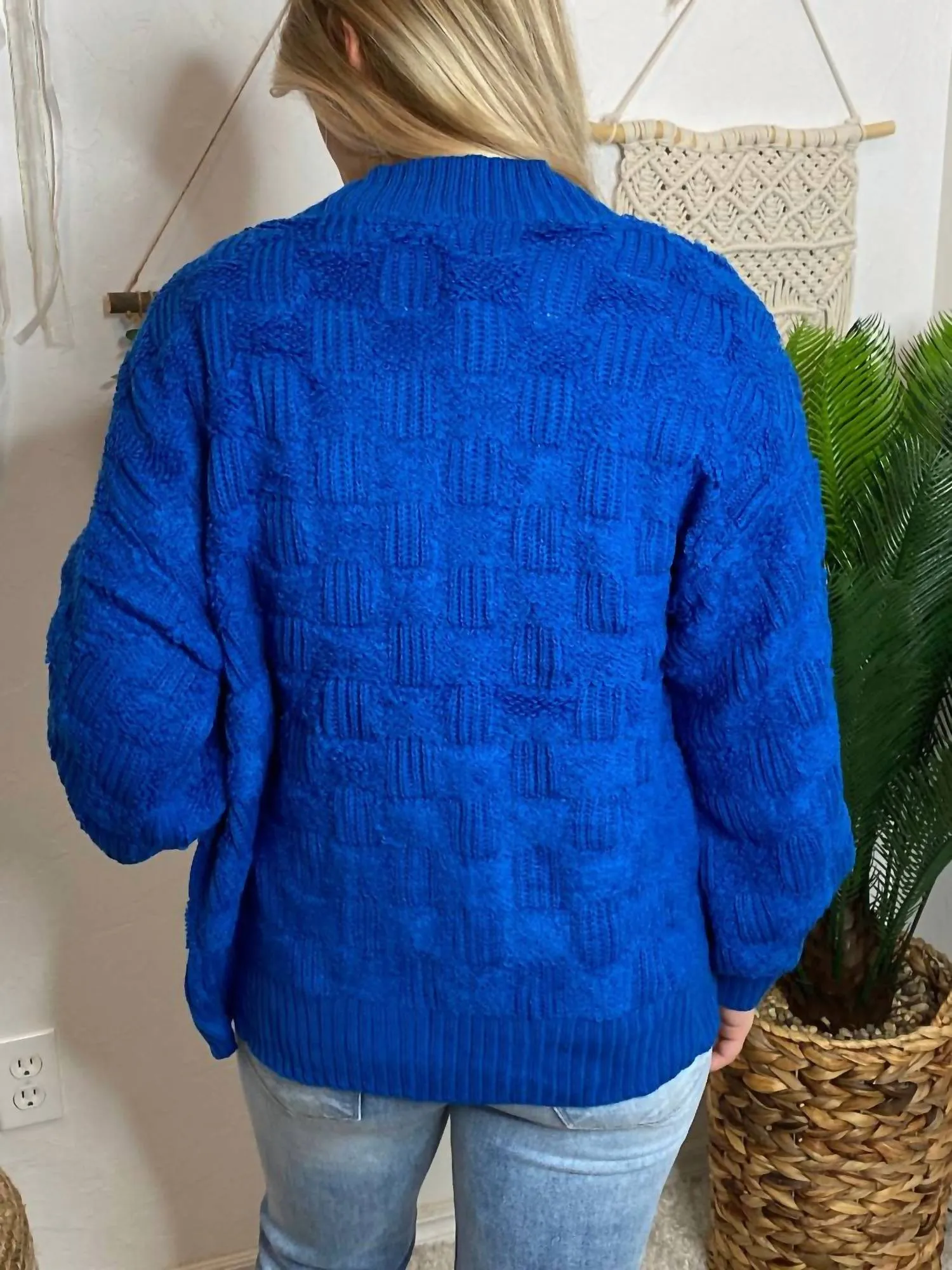 Fluffy Checker Cardigan In Cobalt