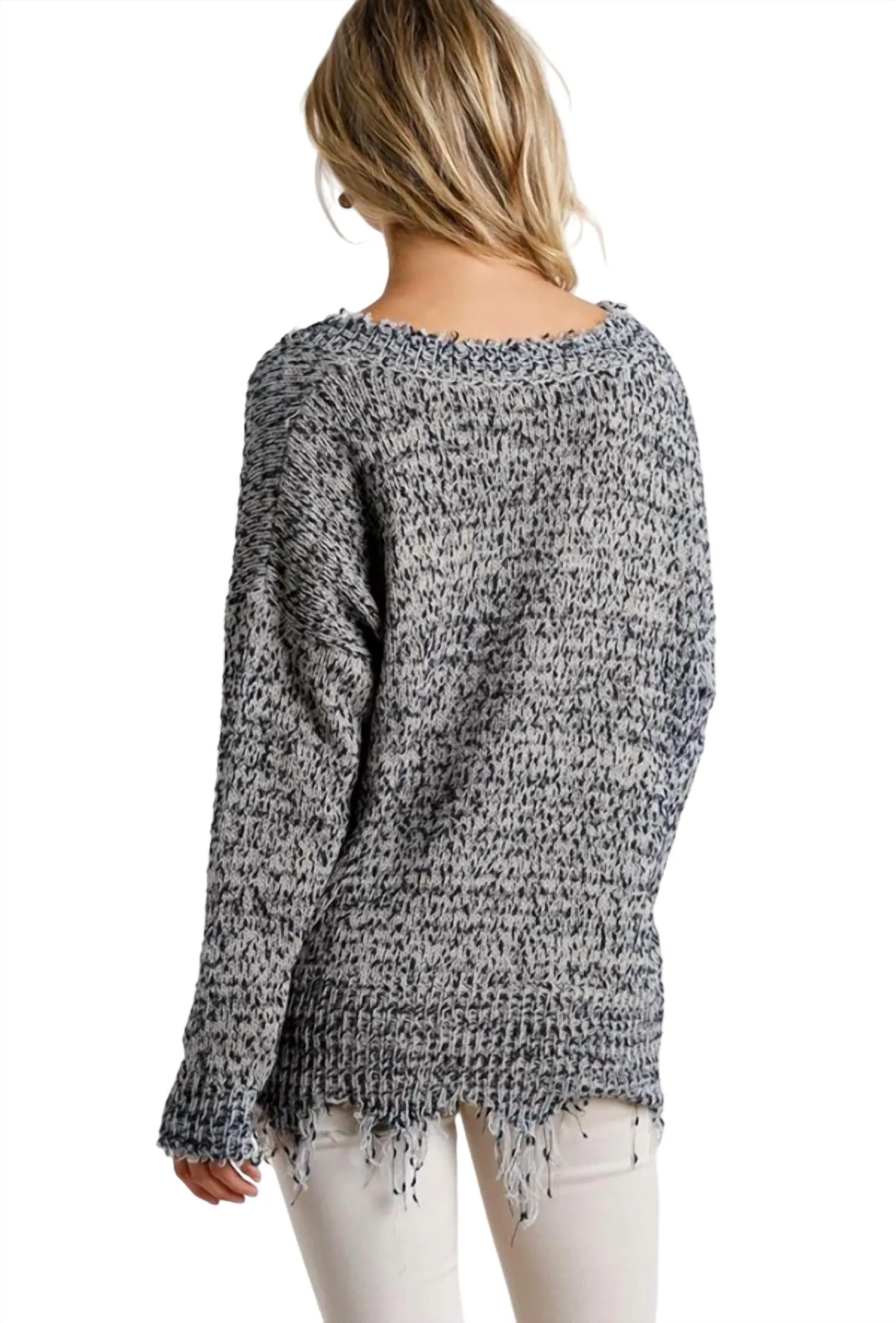 Frayed Knit Pullover Sweater In Oreo