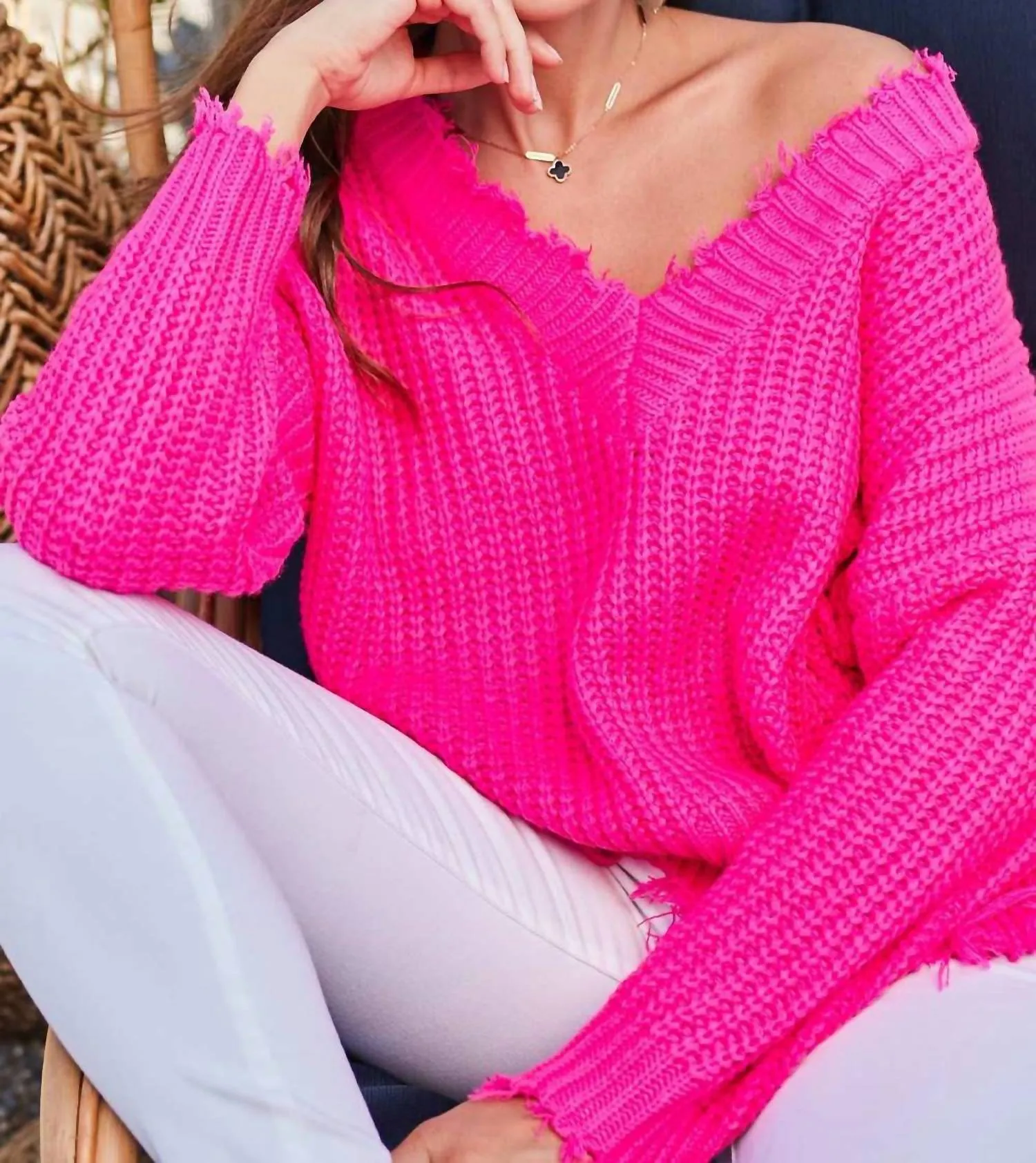 Frayed V-Neck Sweater In Neon Pink