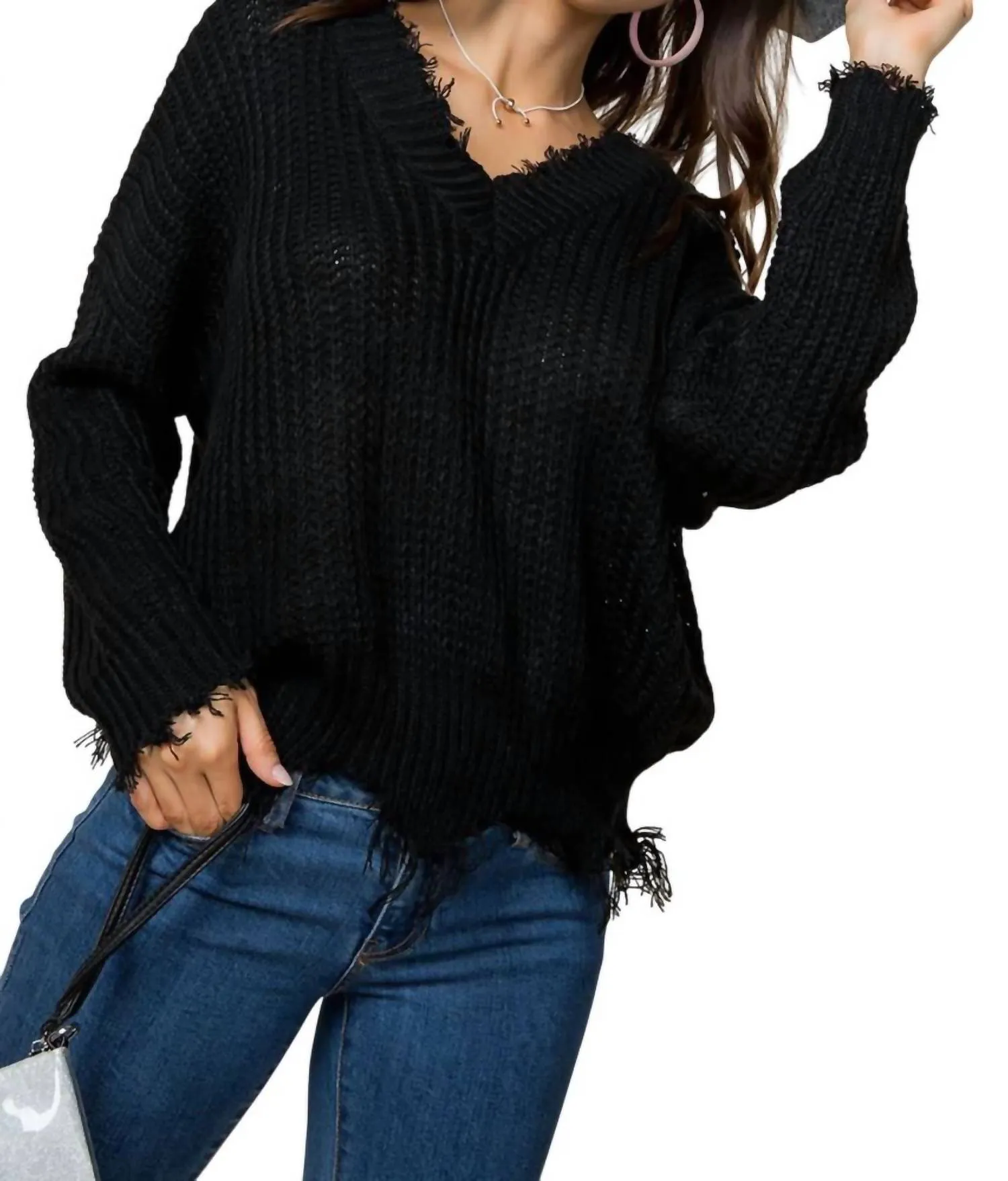 Frayed Zig Zag Sweater In Black