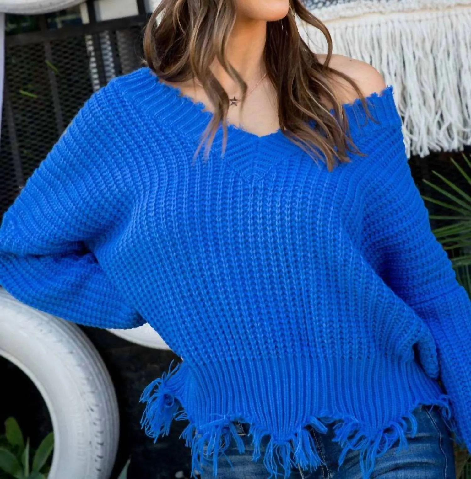 Frayed Zig Zag Sweater In Royal