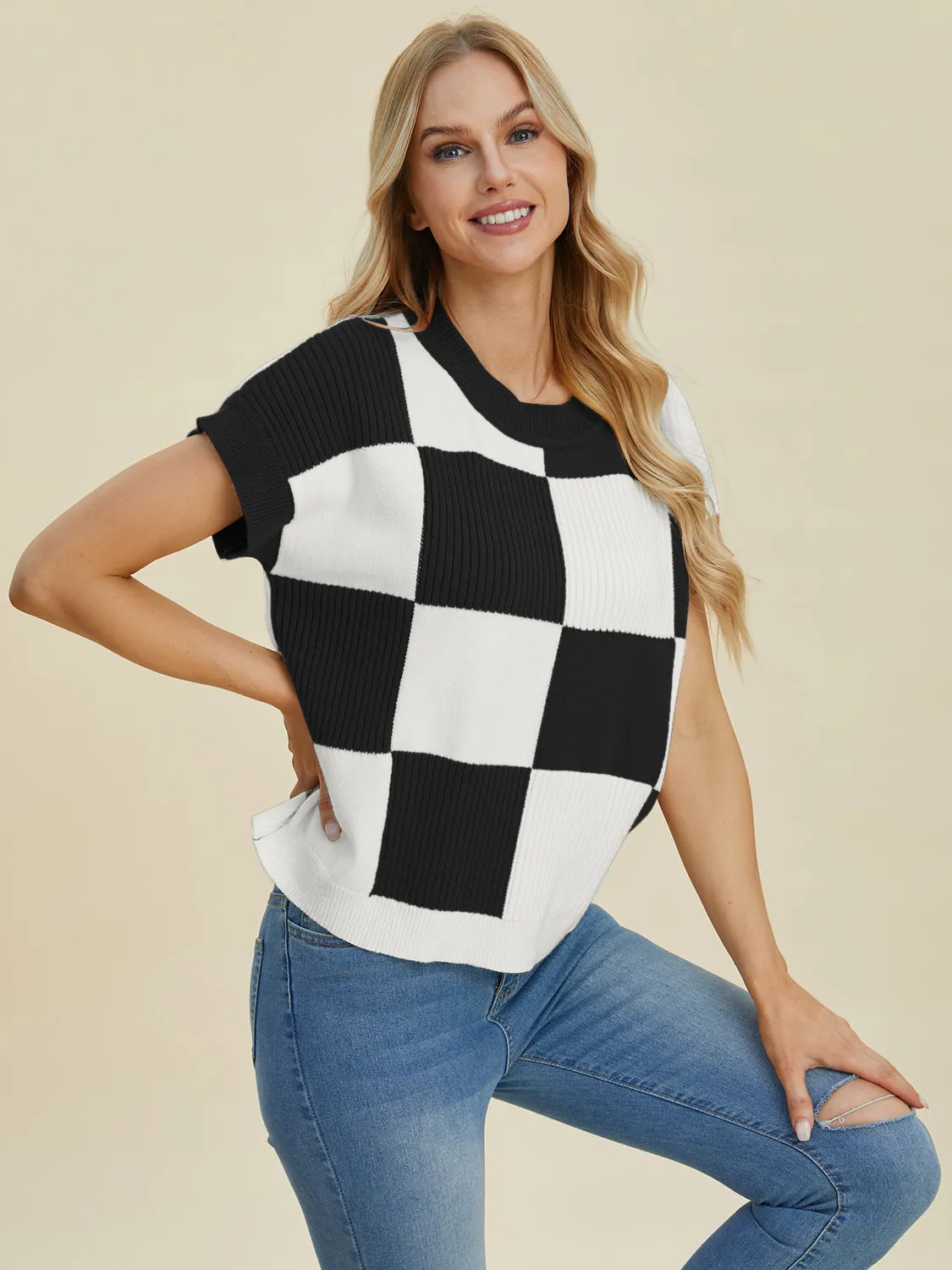 Full Size Checkered Round Neck Short Sleeve Sweater