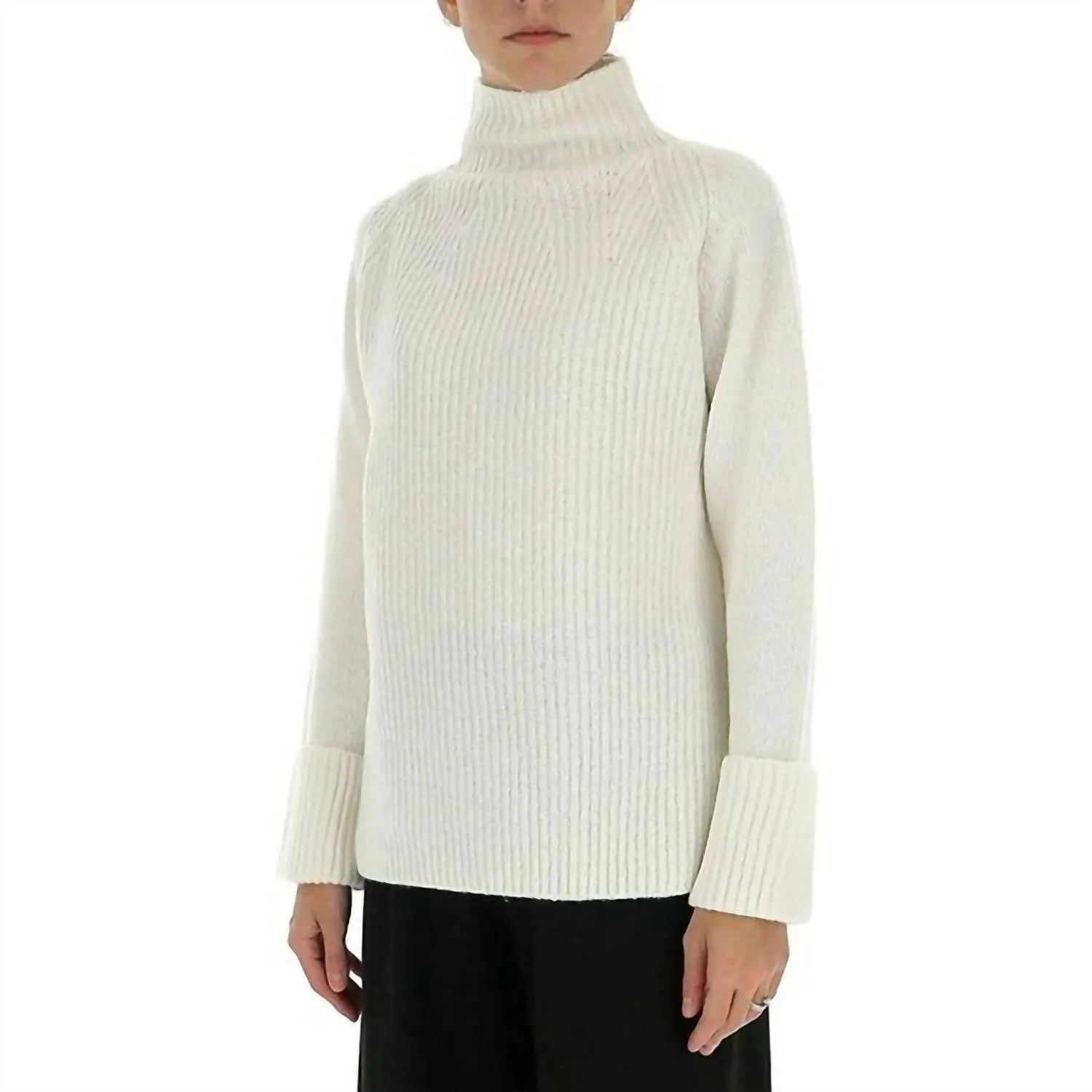 Funnel Neck Long Sleeve Rolled Cuffs 100% Wool In Ivory