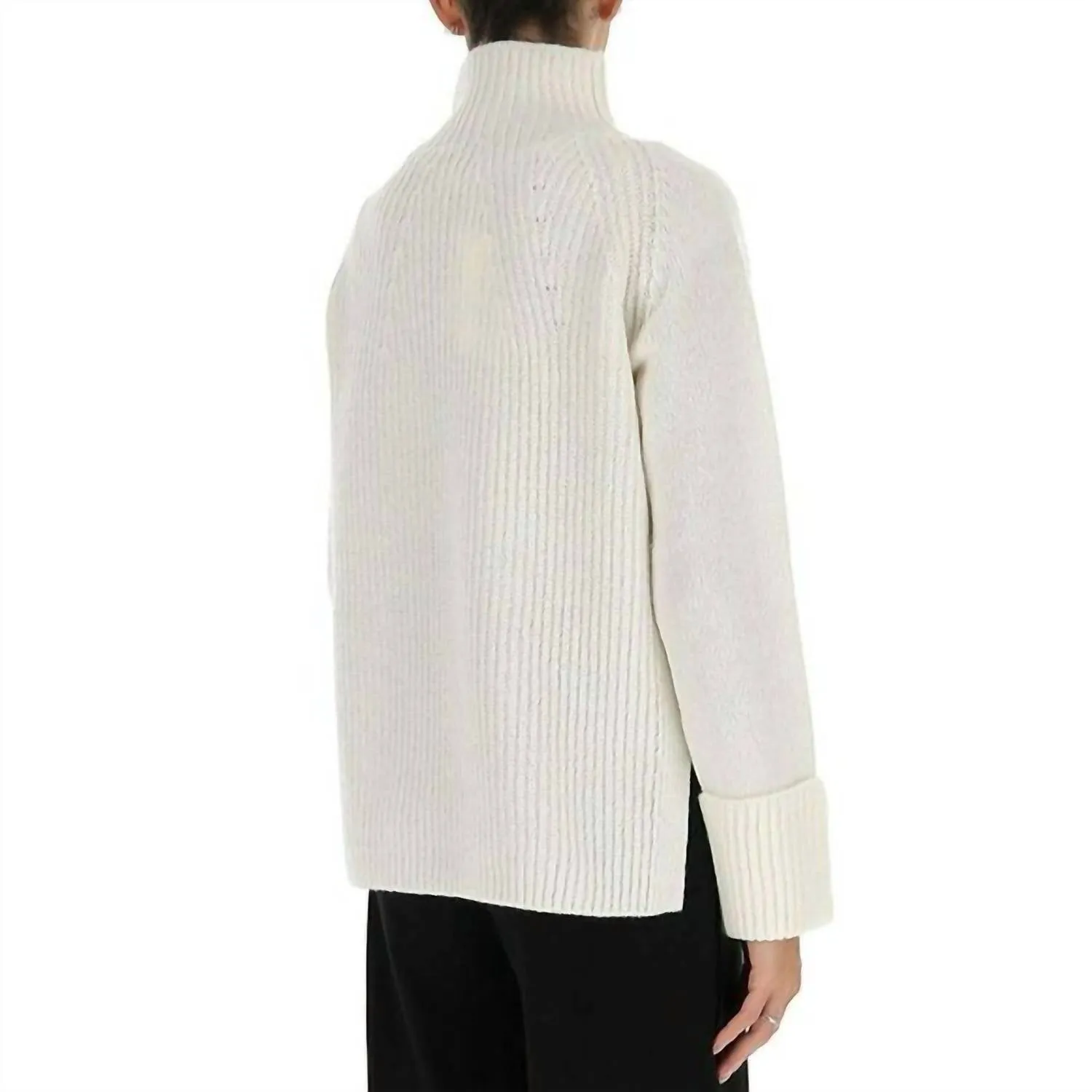 Funnel Neck Long Sleeve Rolled Cuffs 100% Wool In Ivory
