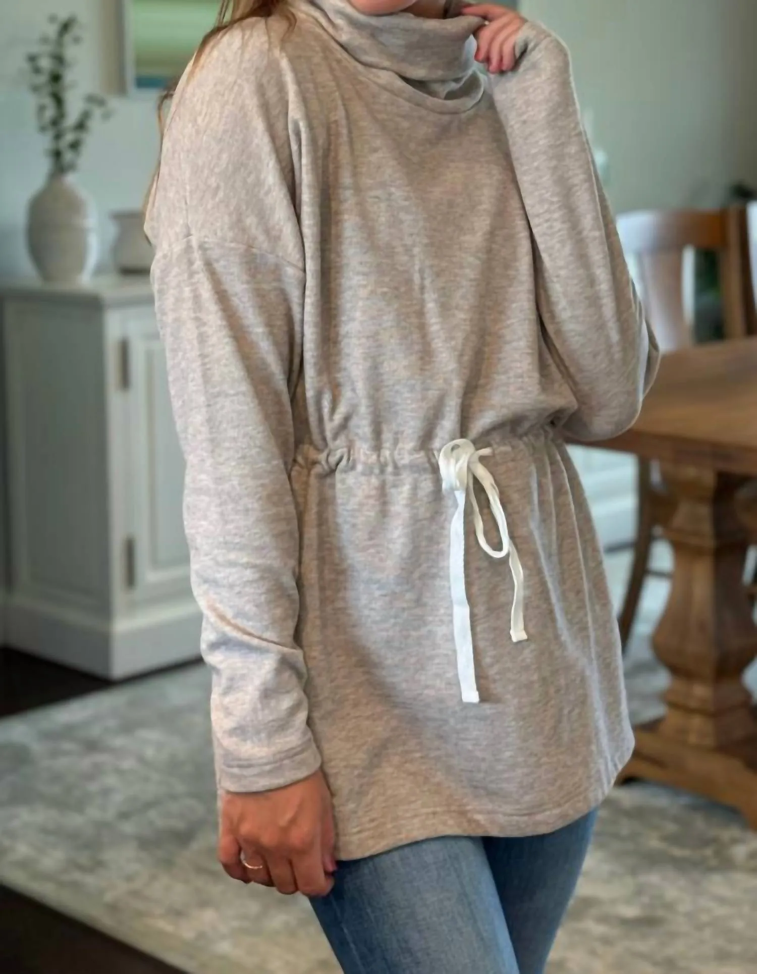 Funnel Neck Tie Waist Tunic In Tan