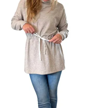 Funnel Neck Tie Waist Tunic In Tan