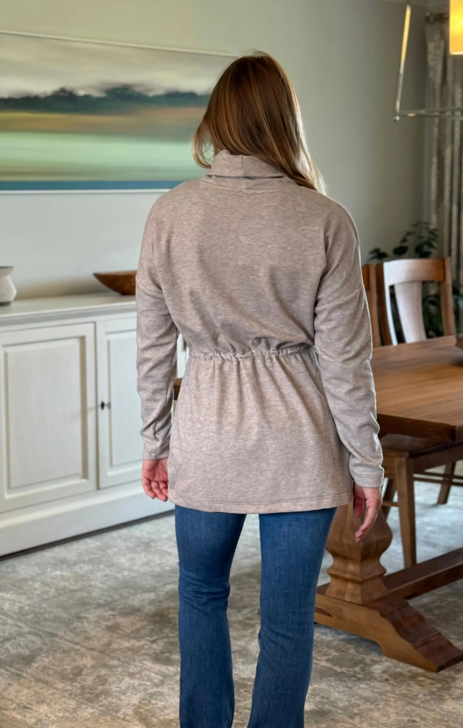 Funnel Neck Tie Waist Tunic In Tan