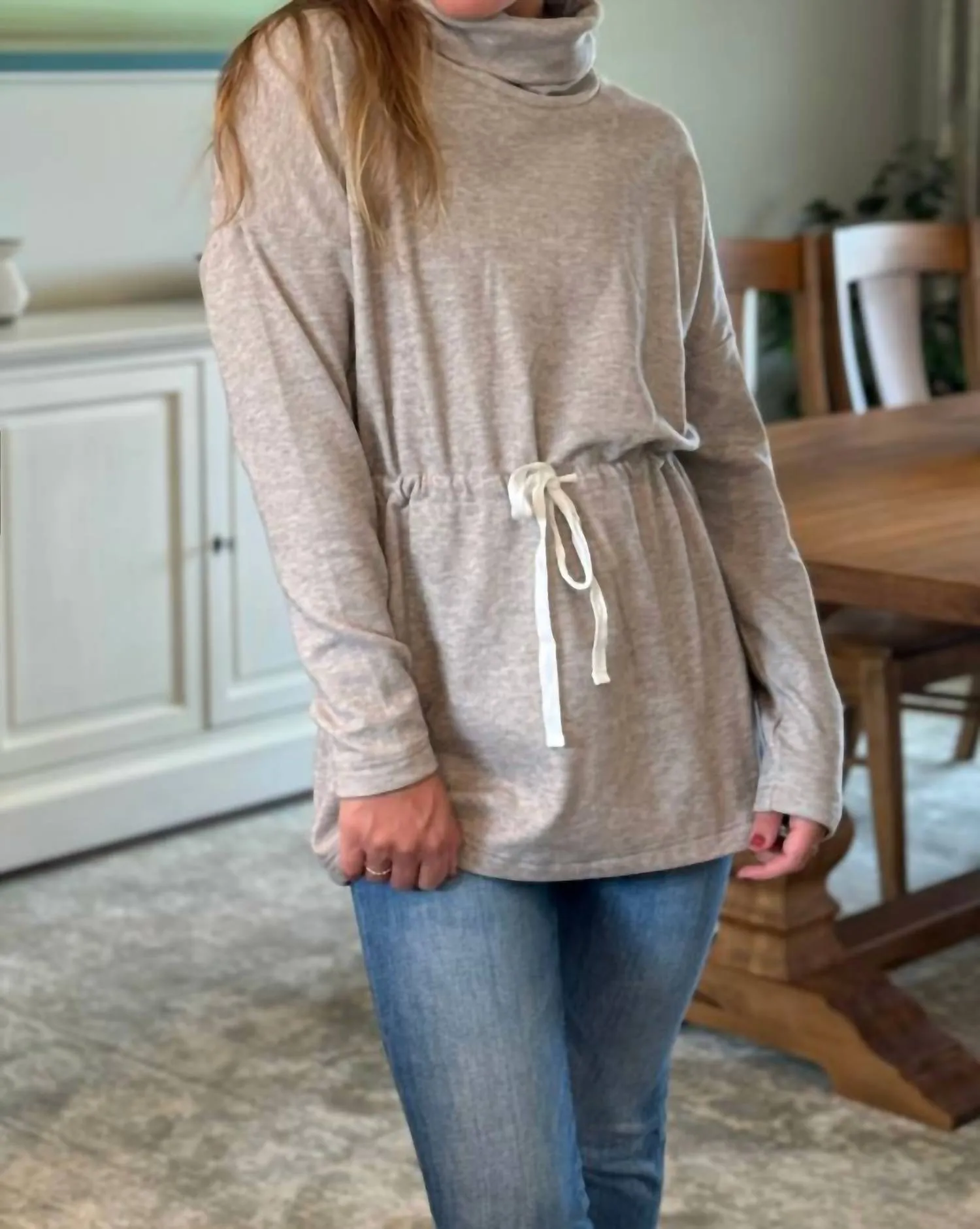 Funnel Neck Tie Waist Tunic In Tan