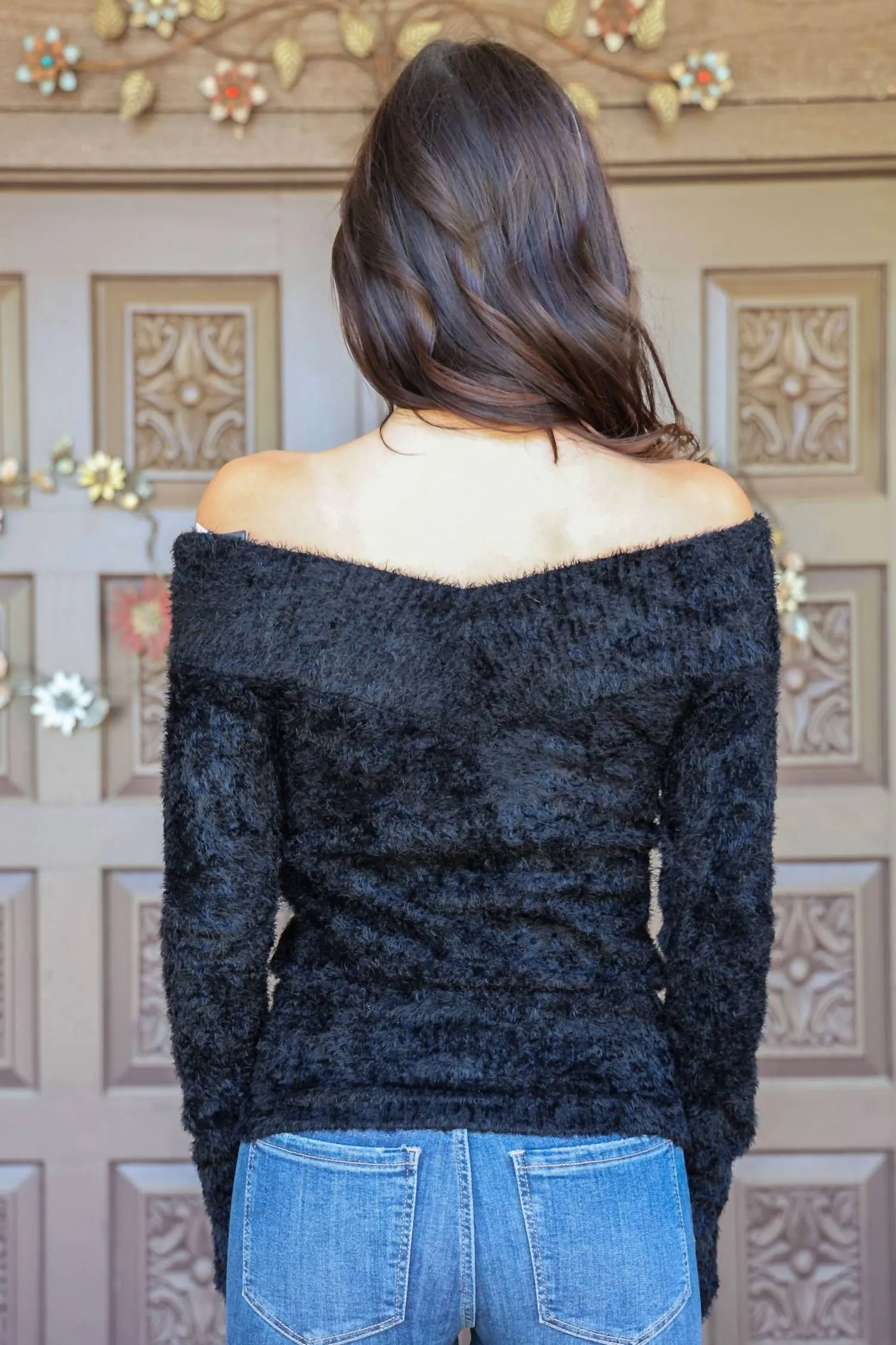 Furry Long Sleeve Off The Shoulder Sweater In Black