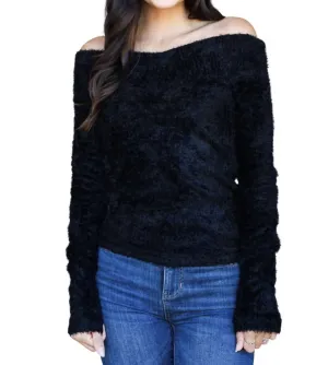 Furry Long Sleeve Off The Shoulder Sweater In Black