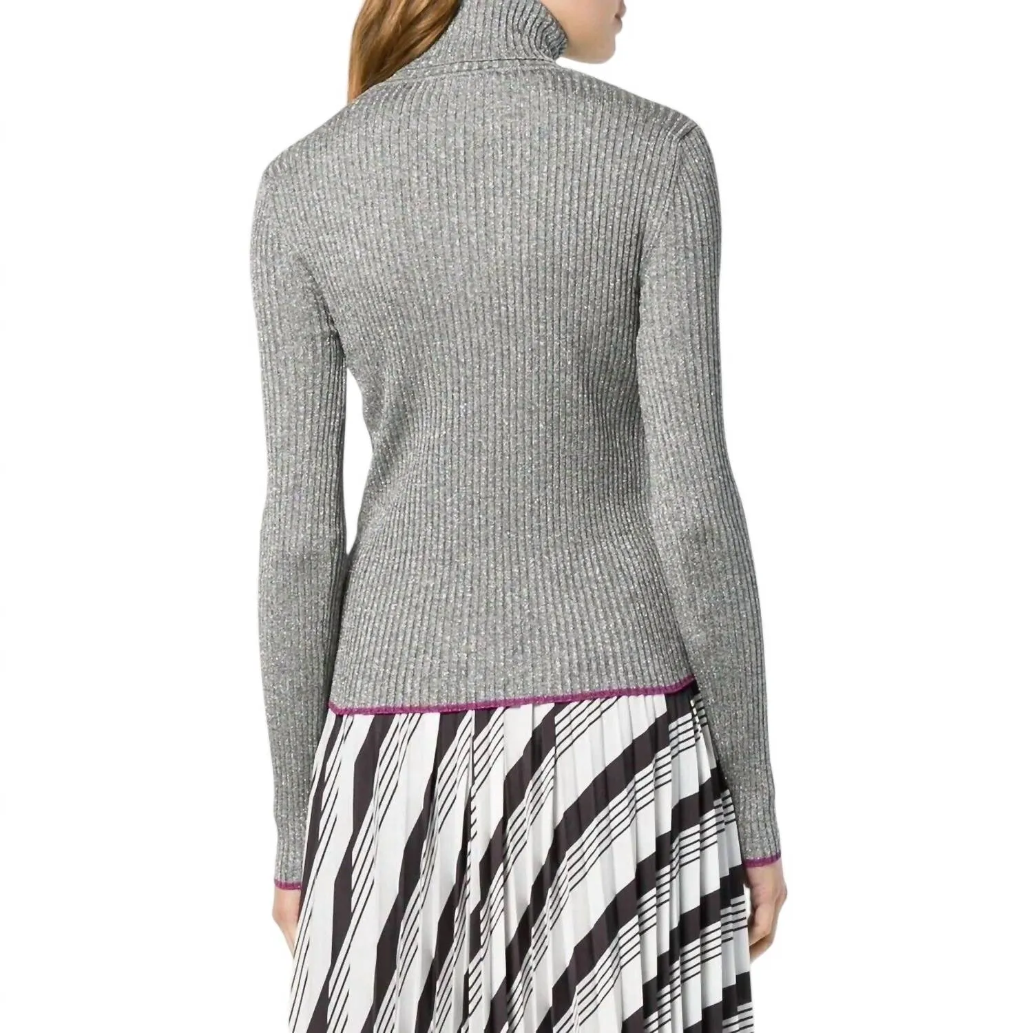 Glitter Turtleneck Knit Sweater In Silver