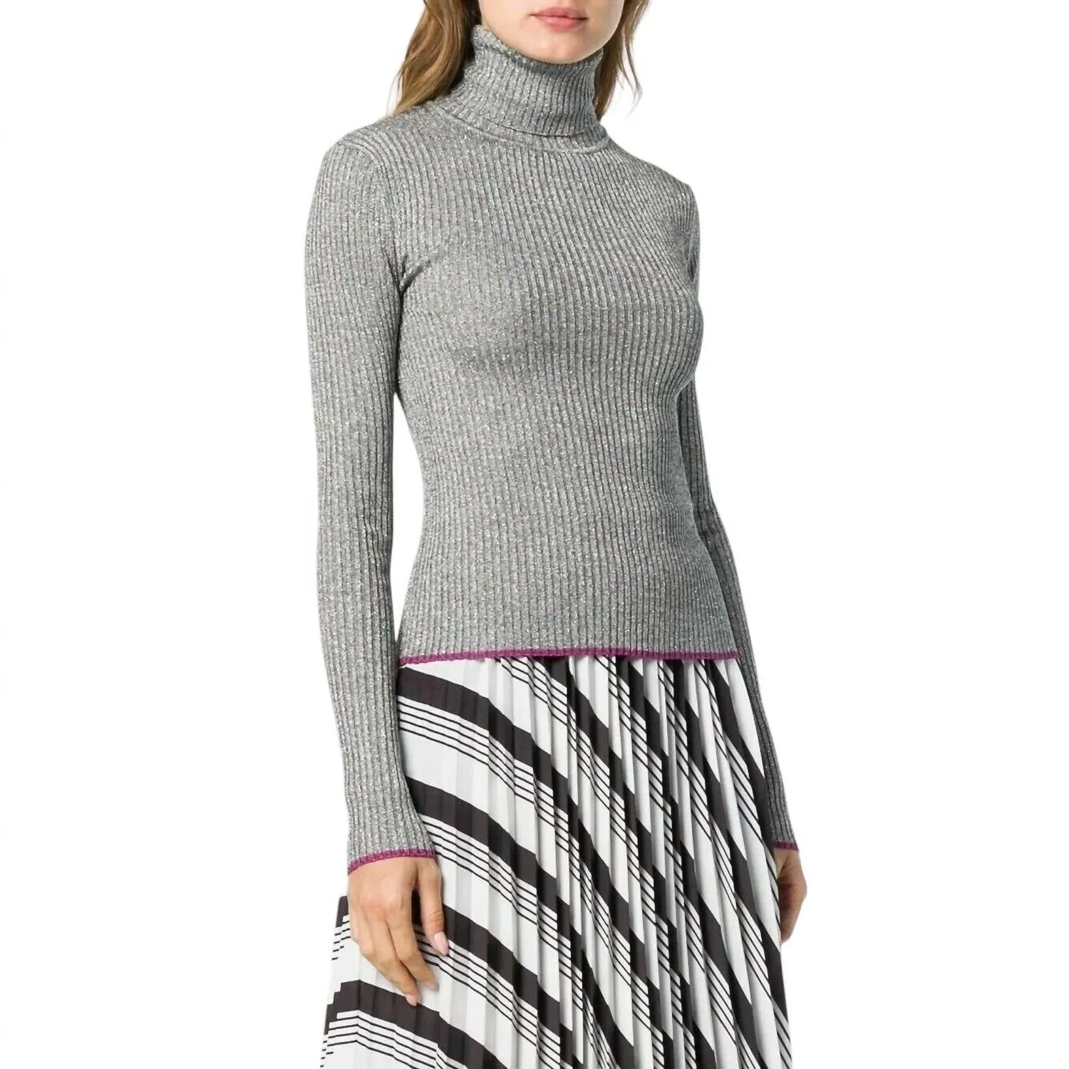 Glitter Turtleneck Knit Sweater In Silver