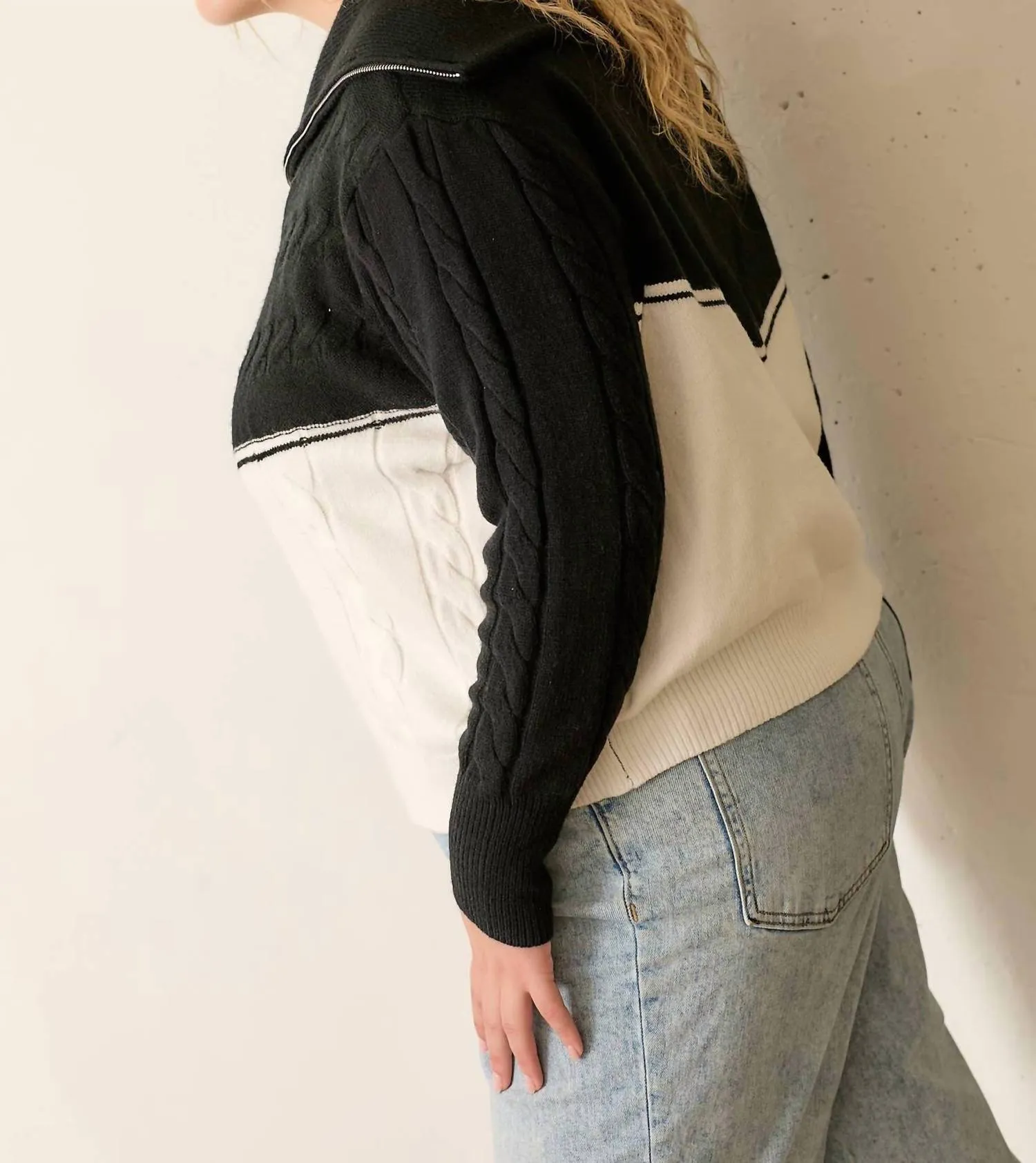 Half Zip Organic Cotton Cable Sweater In Black