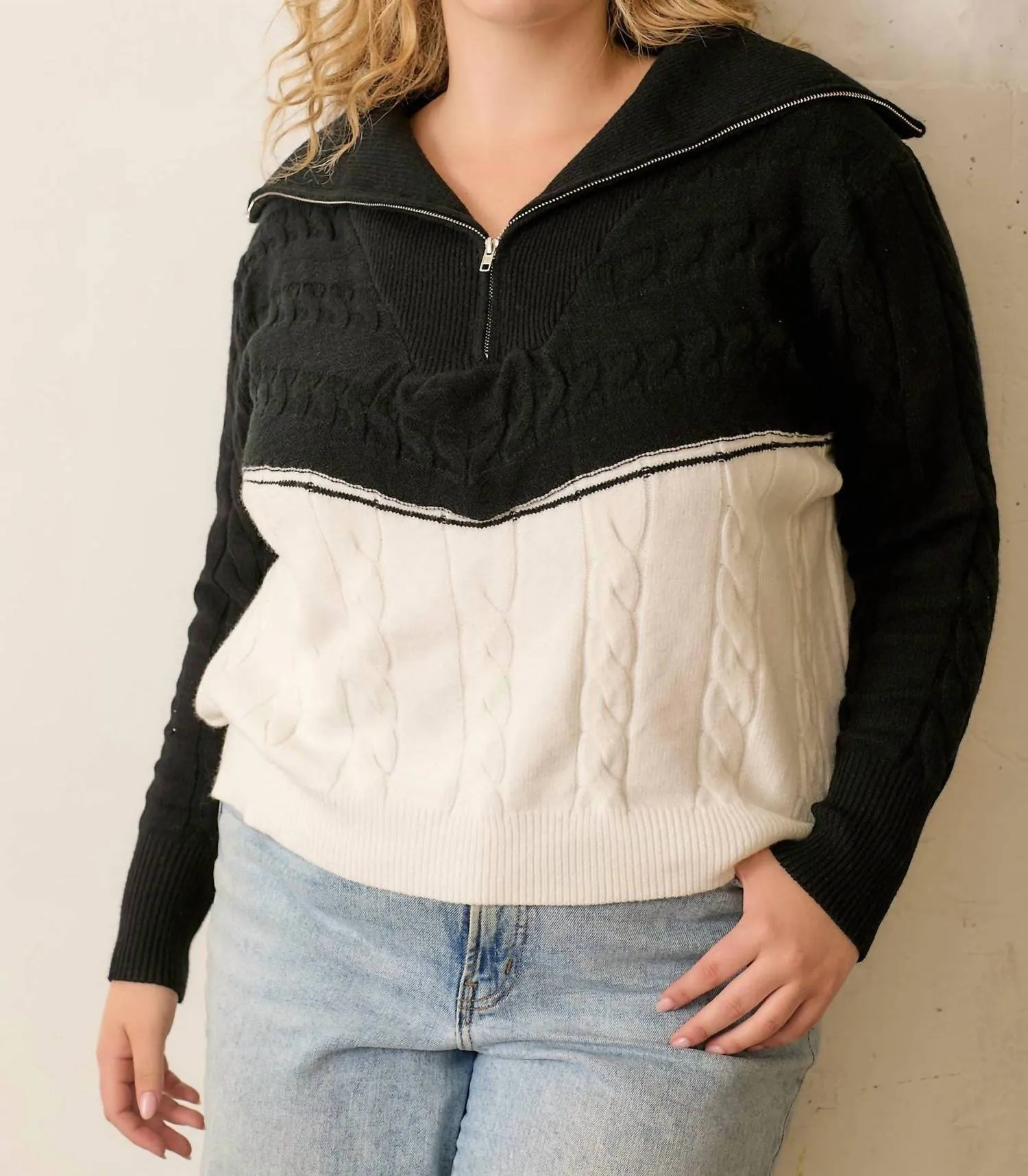 Half Zip Organic Cotton Cable Sweater In Black