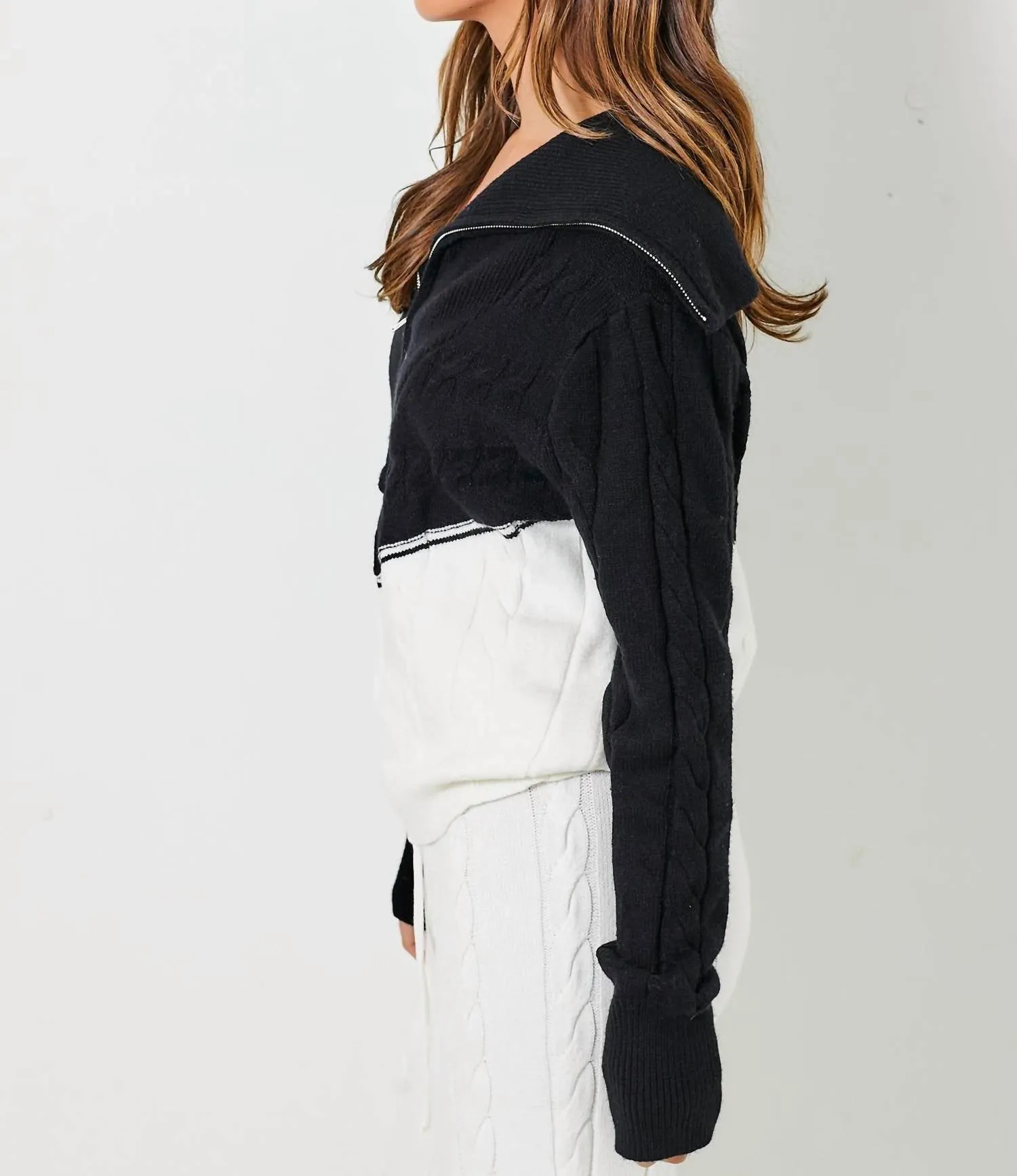 Half Zip Organic Cotton Cable Sweater In Black
