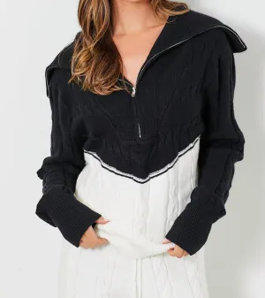 Half Zip Organic Cotton Cable Sweater In Black