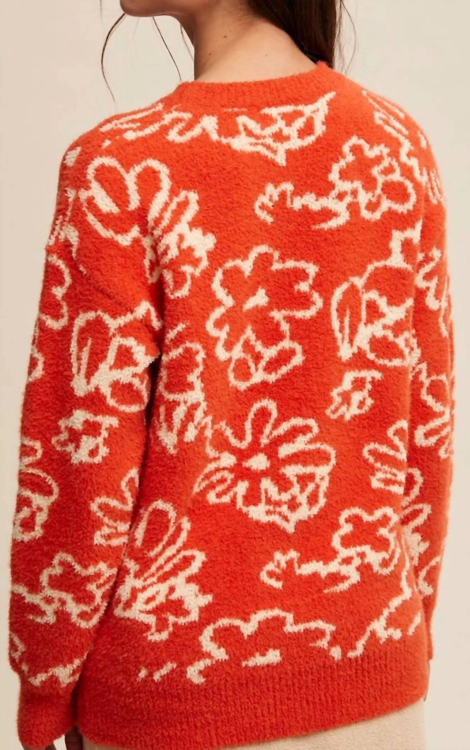 Hand Drawn Flowers Fuzzy Sweater In Orange