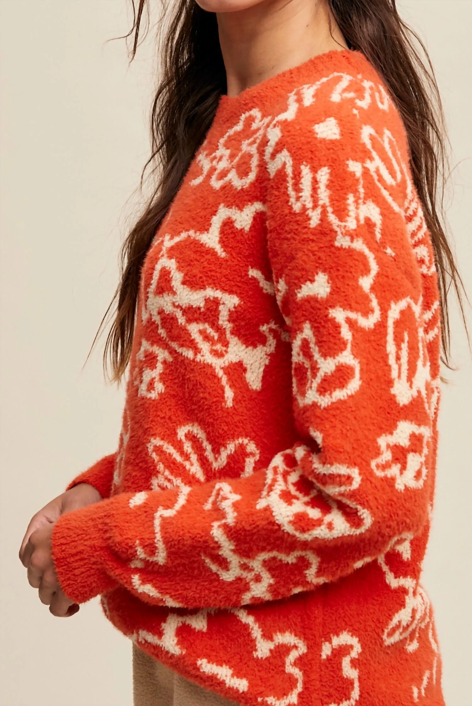 Hand Drawn Flowers Fuzzy Sweater In Orange