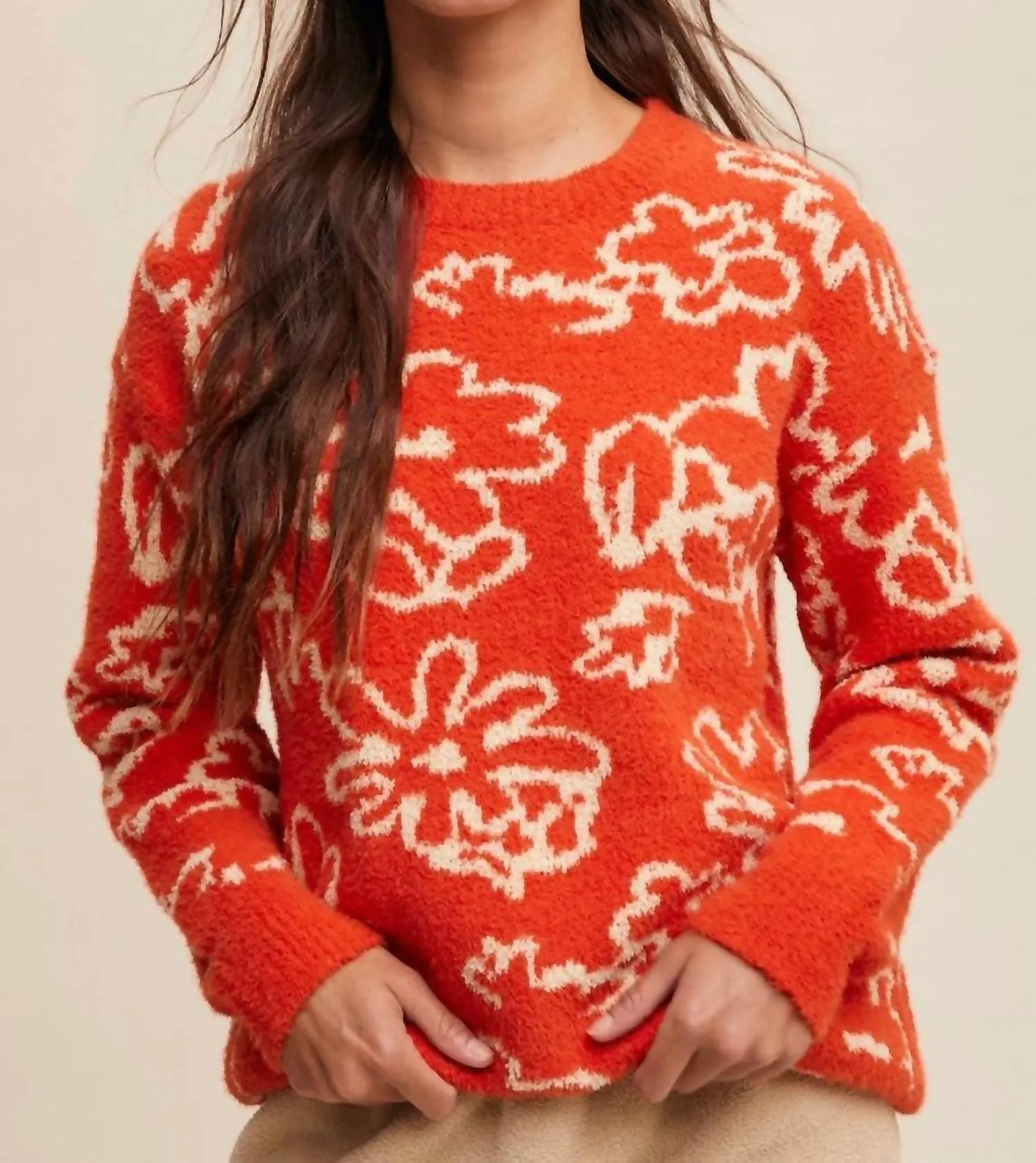 Hand Drawn Flowers Fuzzy Sweater In Orange