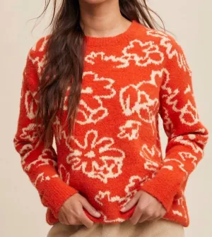Hand Drawn Flowers Fuzzy Sweater In Orange