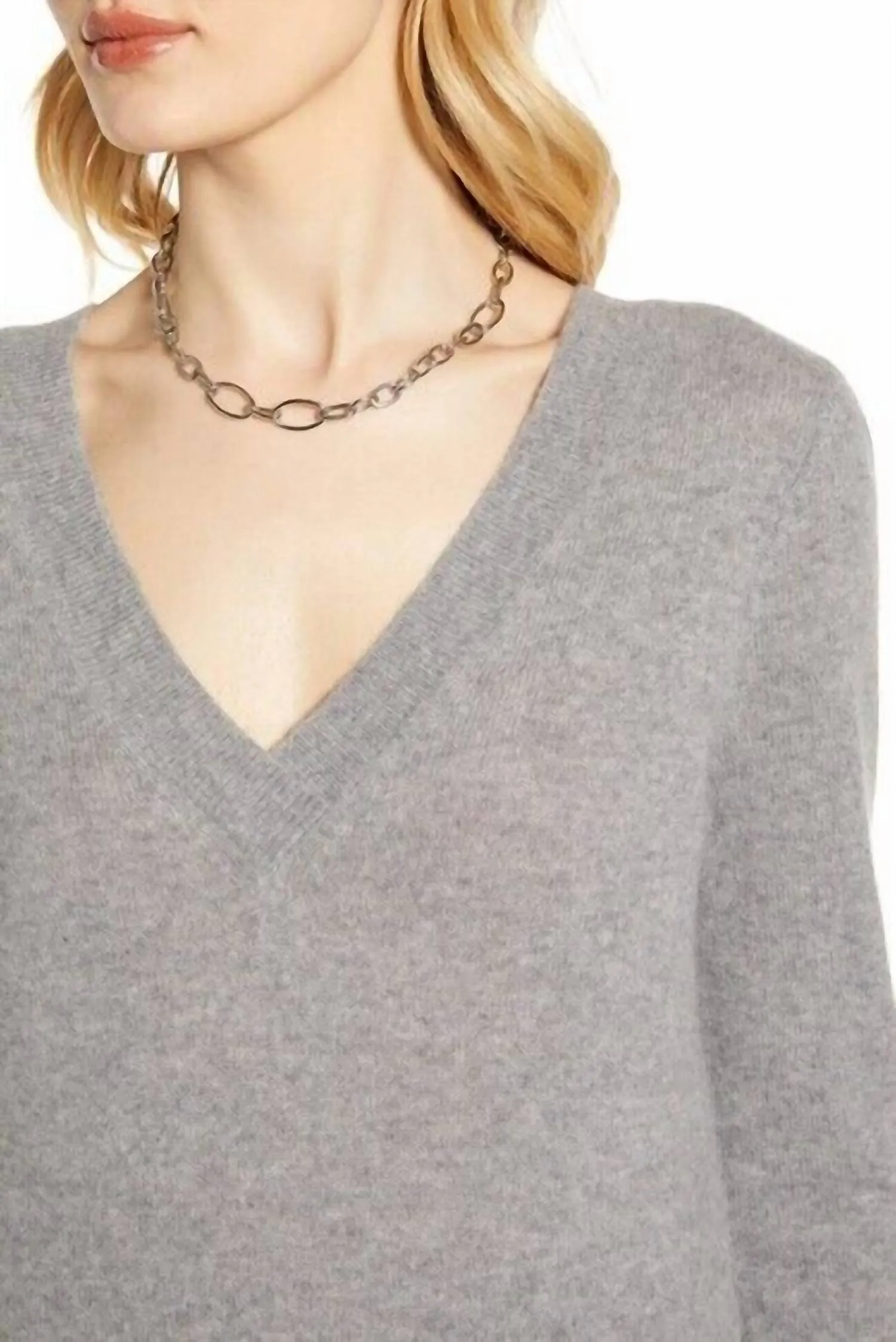 Heather Classic V-Neck Side Slit High Low Sweater In Gray