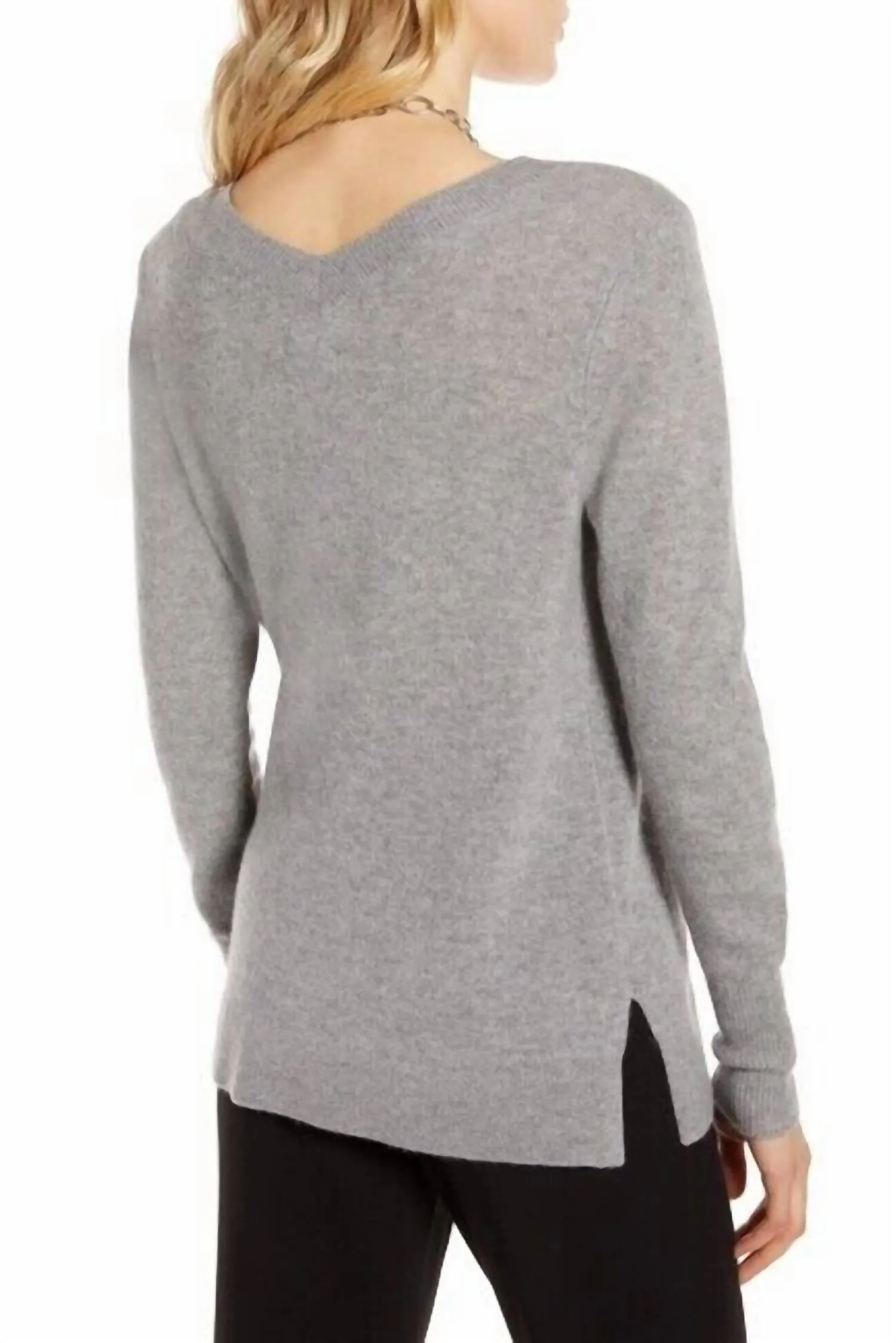 Heather Classic V-Neck Side Slit High Low Sweater In Gray