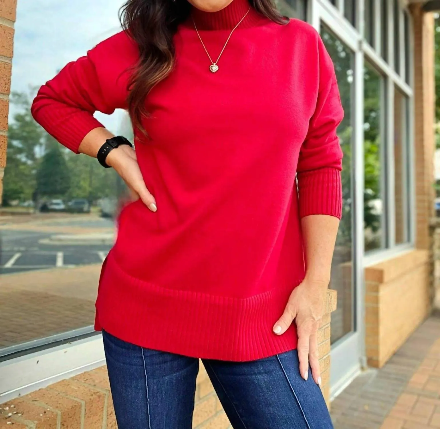 Hi-Lo Mock Neck Tunic Sweater In Red
