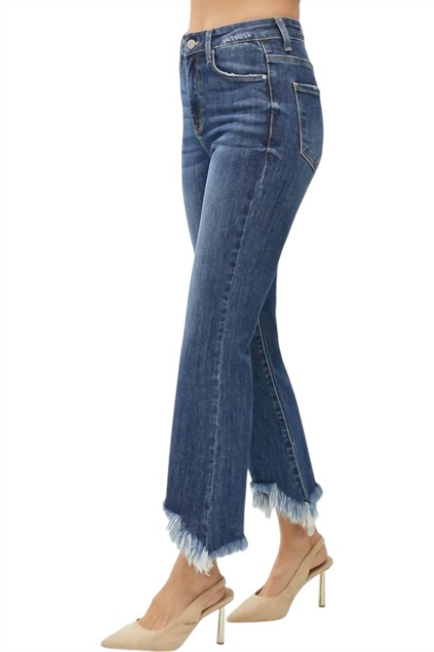 High Rise Frey Hem Ankle Bootcut Jeans In Denim