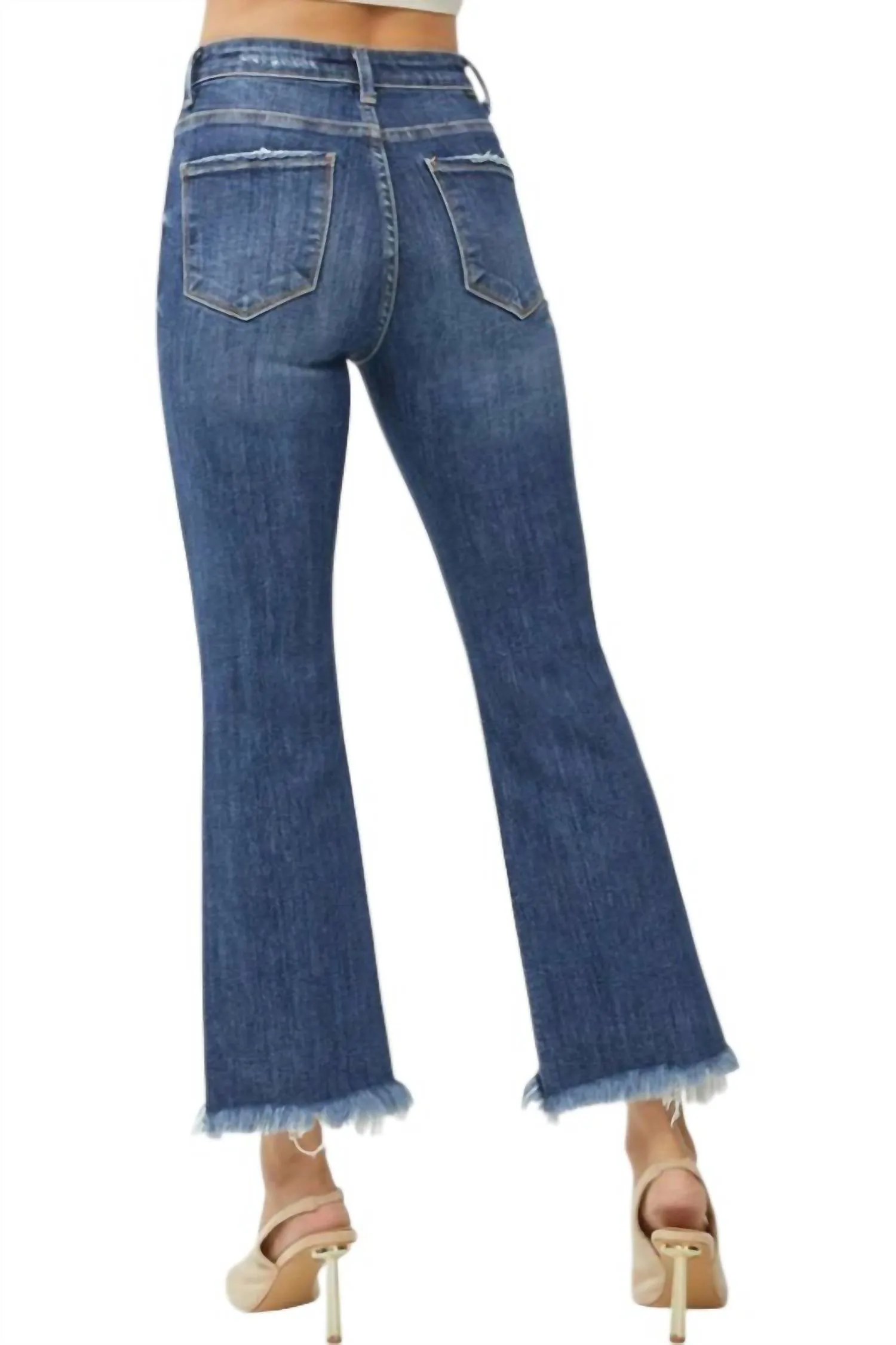 High Rise Frey Hem Ankle Bootcut Jeans In Denim
