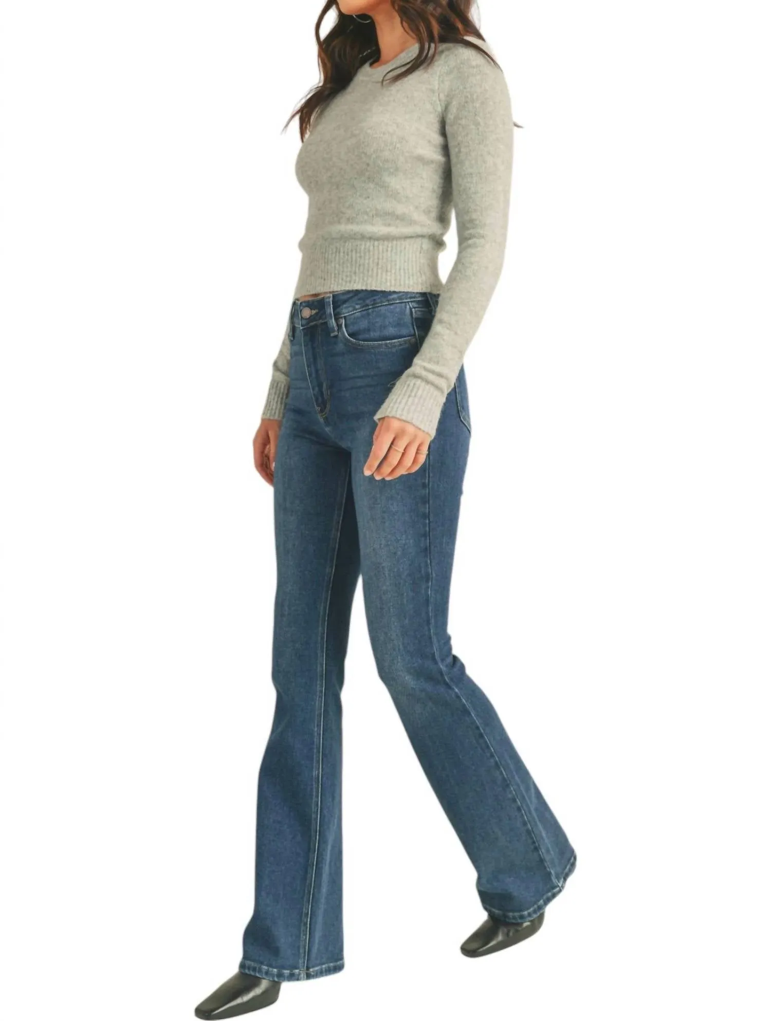 High Rise Skinny Flare Jeans In Dark Wash Denim