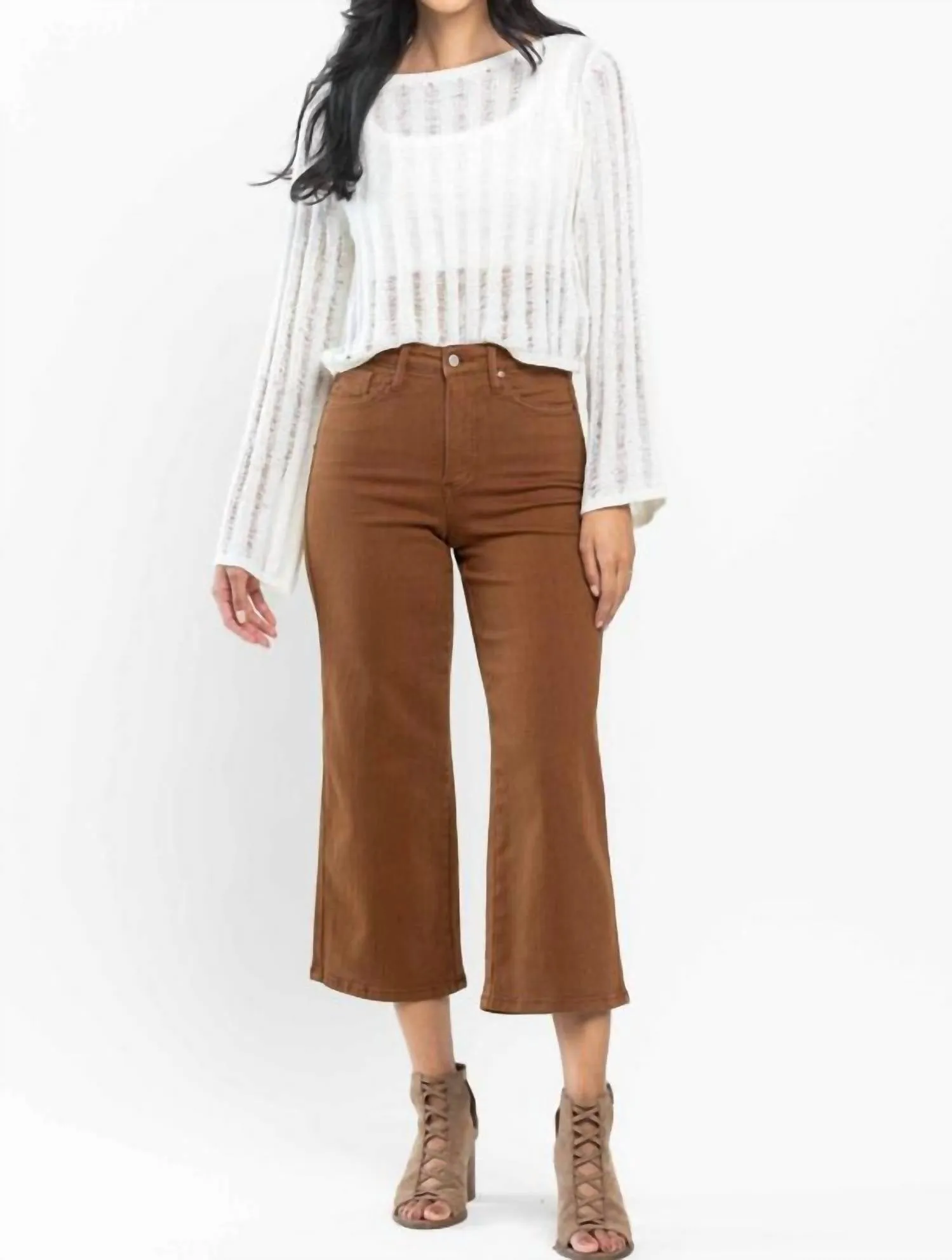 High Rise Wide Leg Crop Jeans In Dark Camel