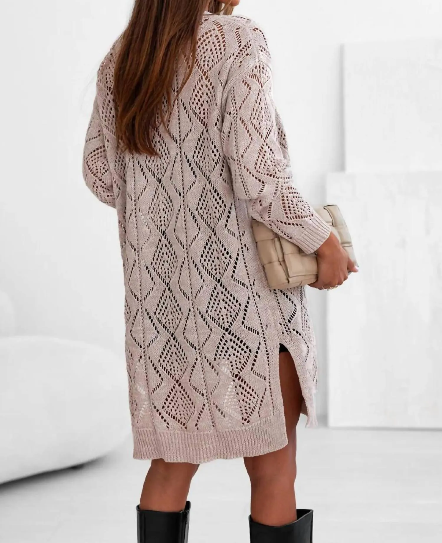 Hollow-Out Openwork Knit Cardigan In Khaki