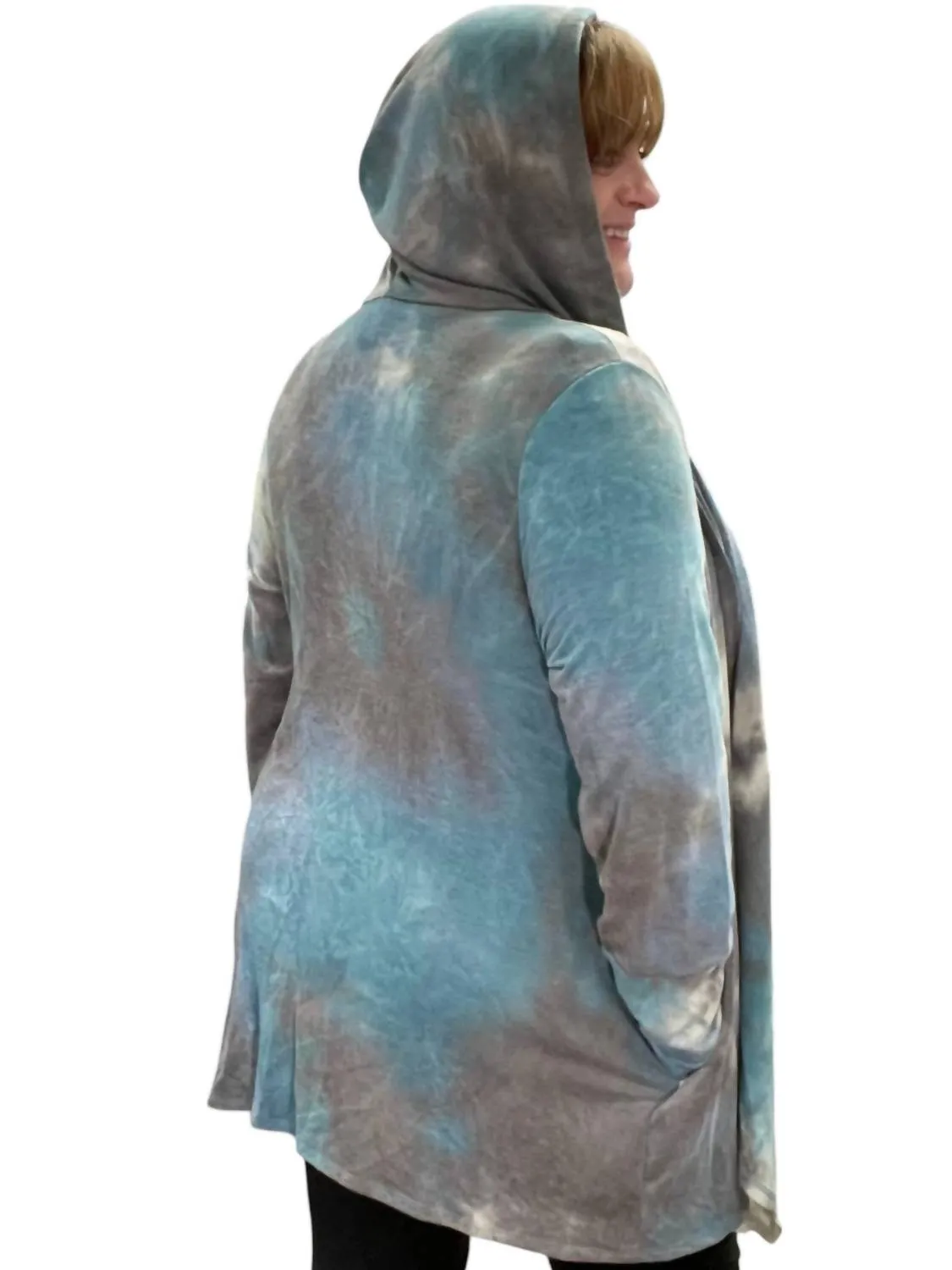 Hooded Cardigan In Teal/gray