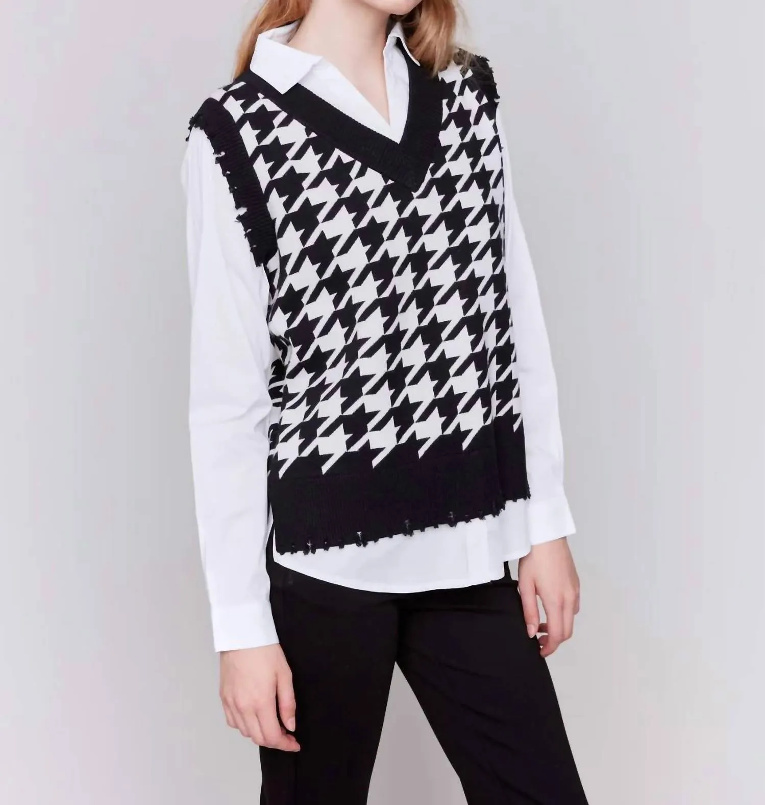 Houndstooth V-Neck Fooler Vest In Multi