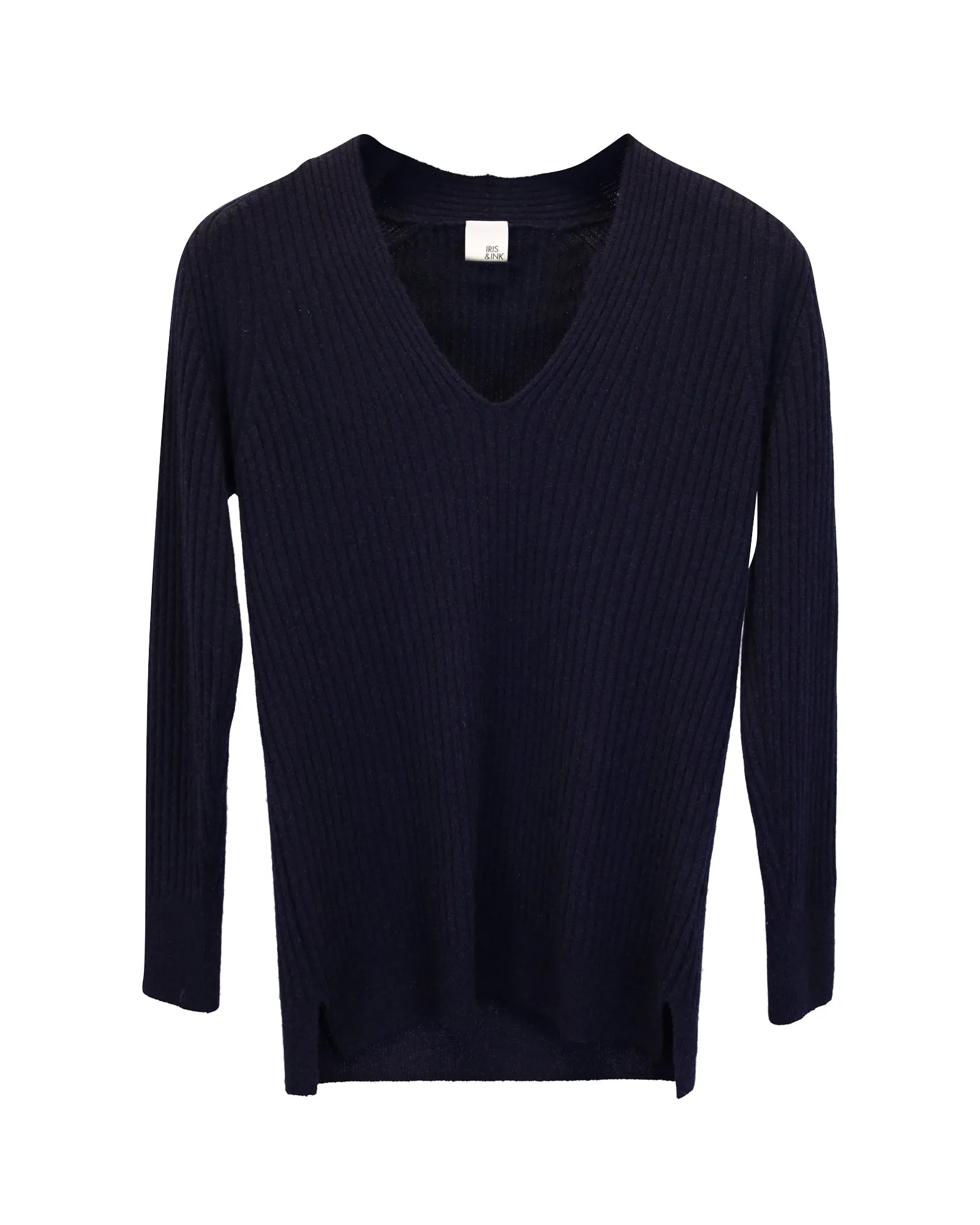 Iris & Ink V-neck Sweater in Navy Blue Cashmere