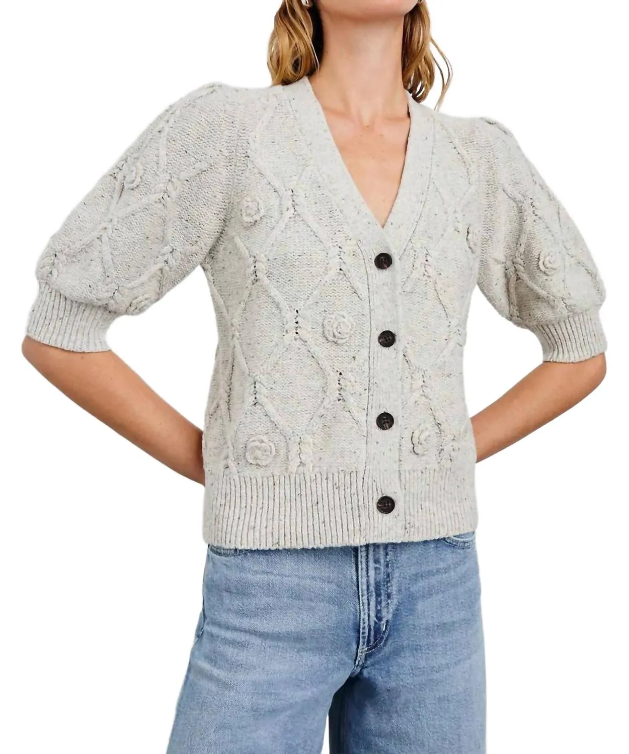 Isla Cardigan In Grey With Crochet Daisies