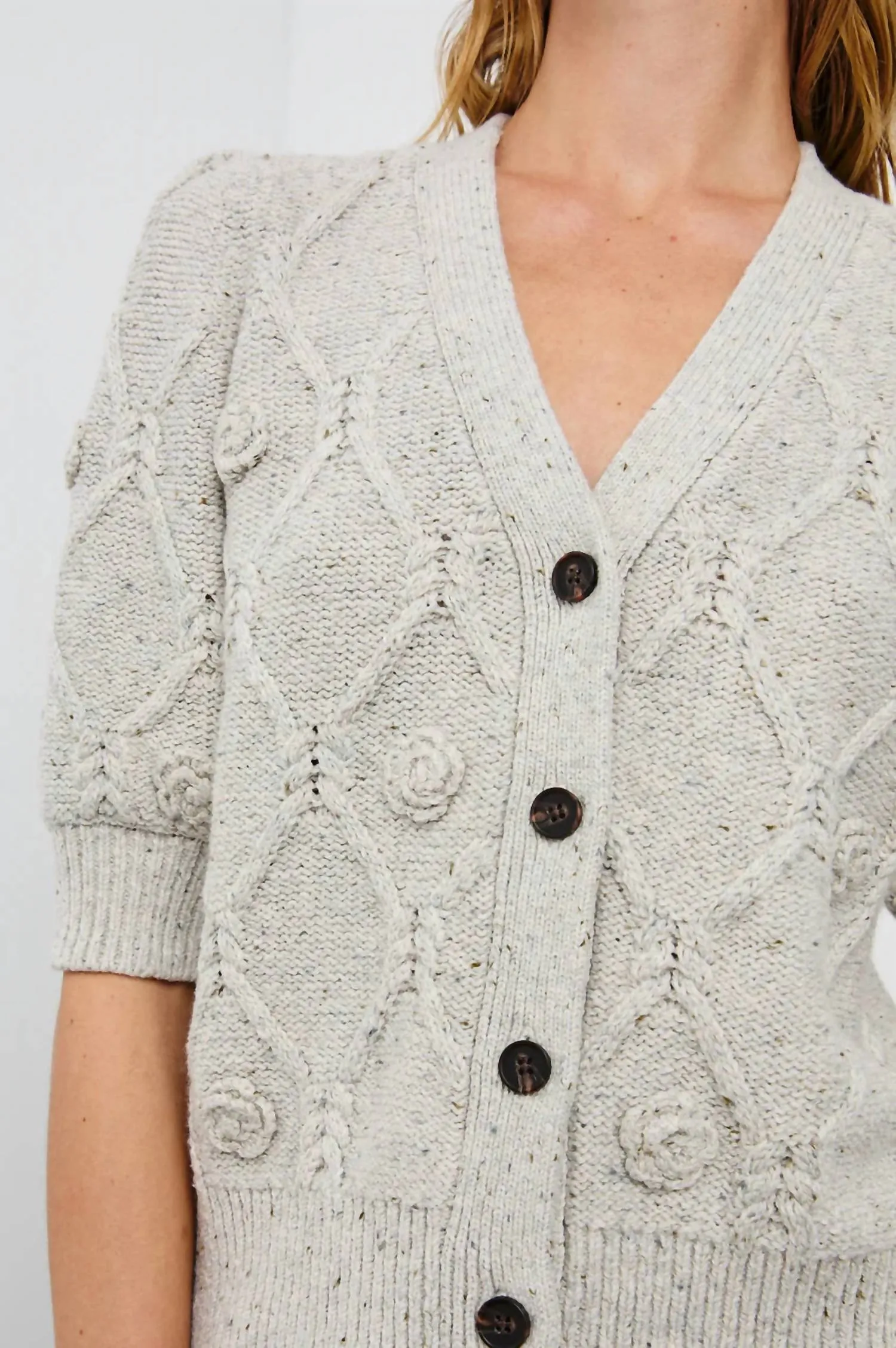 Isla Cardigan In Grey With Crochet Daisies