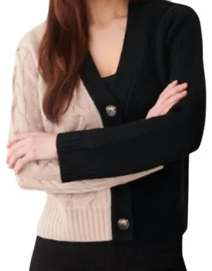 Ivy Patchwork Cable V Cardigan In Black Light Fawn
