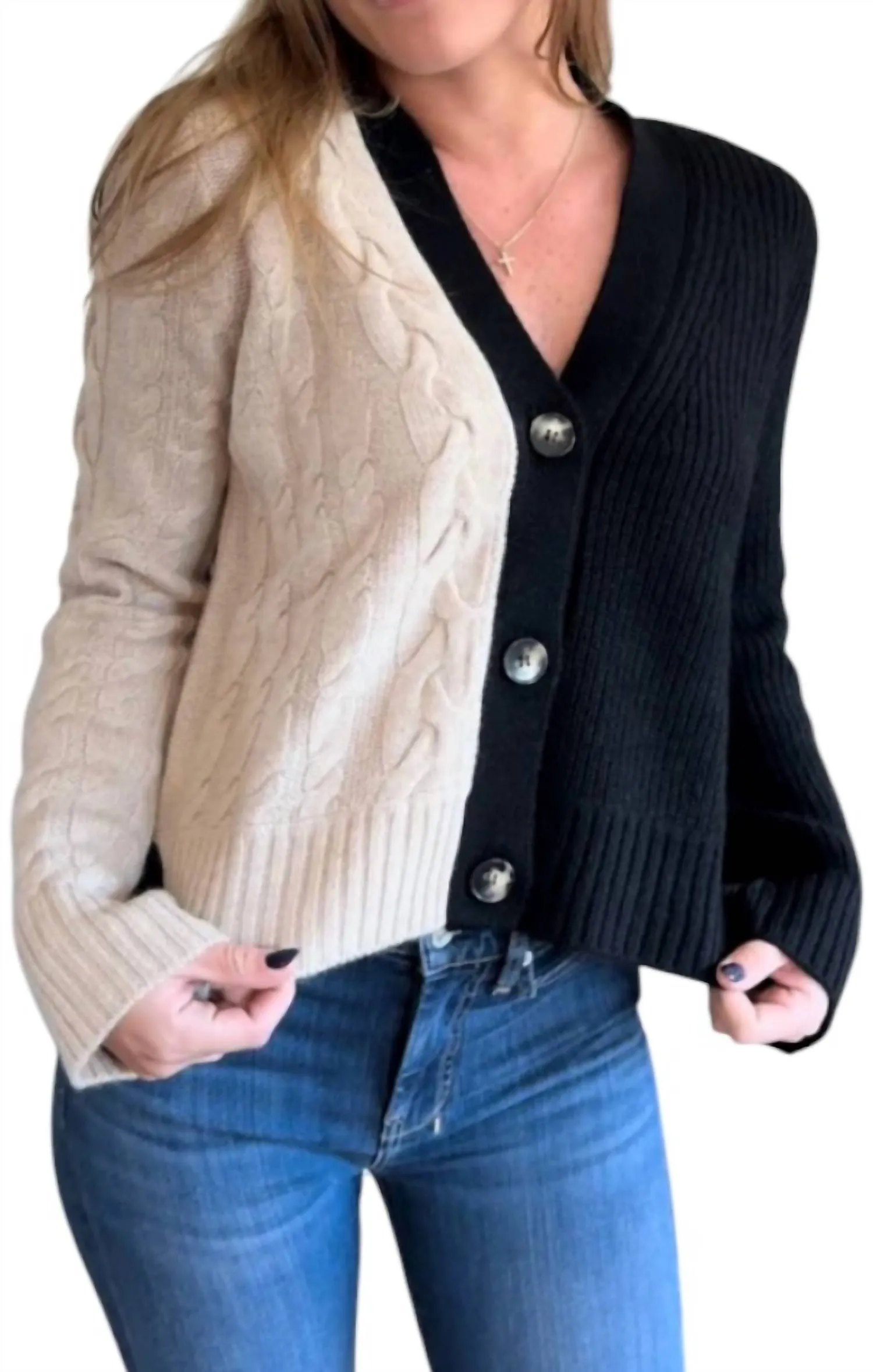 Ivy Patchwork Cable V Cardigan In Black Light Fawn