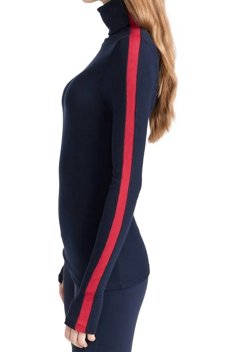 Jackson Rib Turtleneck Top In Navy/ Red