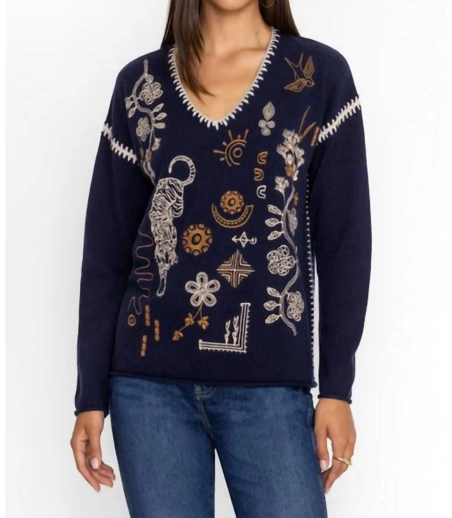 Jenai Whipstitch V-Neck Pullover In Navy