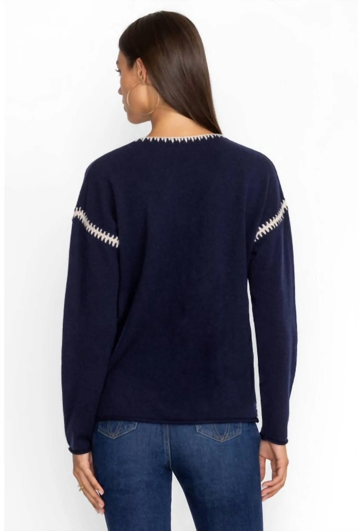 Jenai Whipstitch V-Neck Pullover In Navy