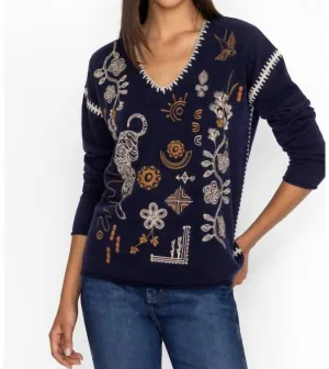 Jenai Whipstitch V-Neck Pullover In Navy