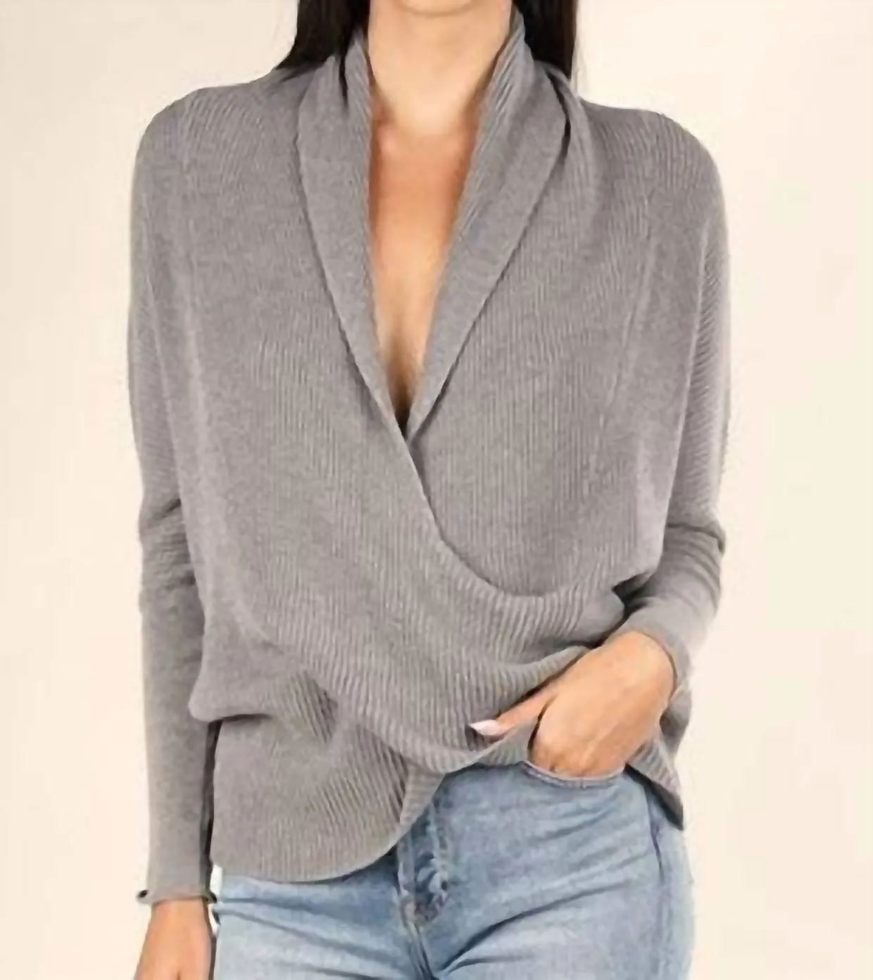 Knit Faux Wrap Pullover Sweater In Grey