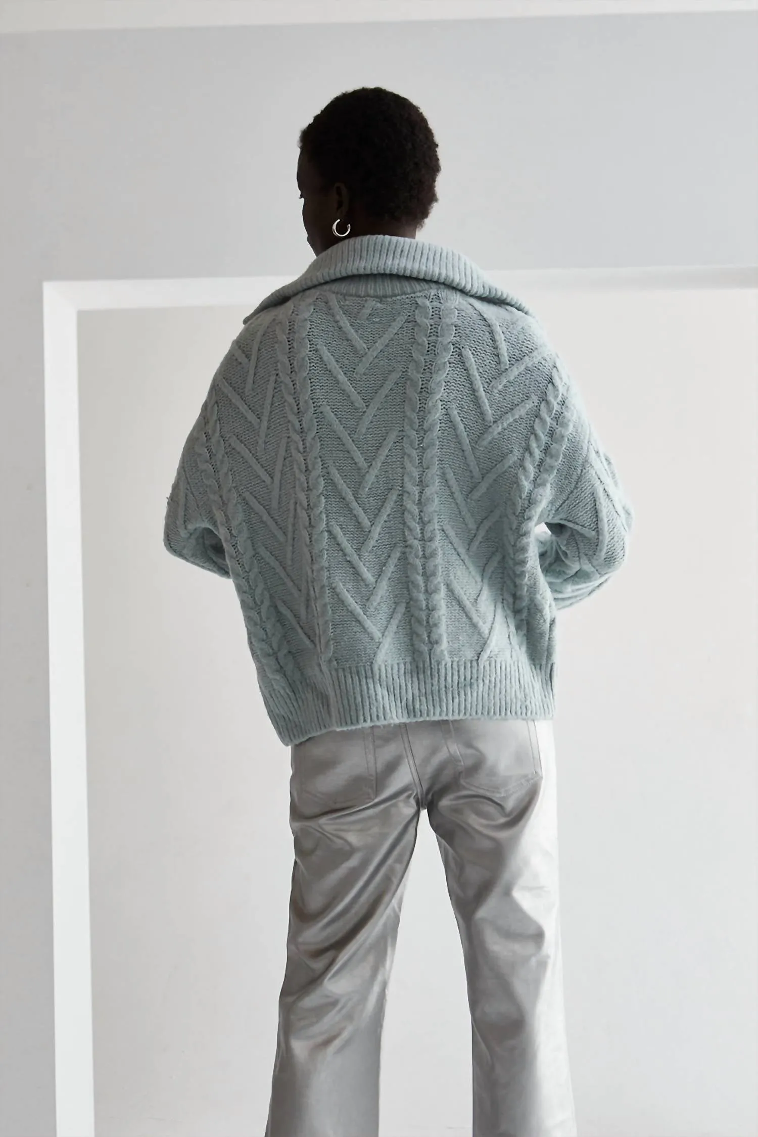 Knit Front Zip Sweater In Ice Blue